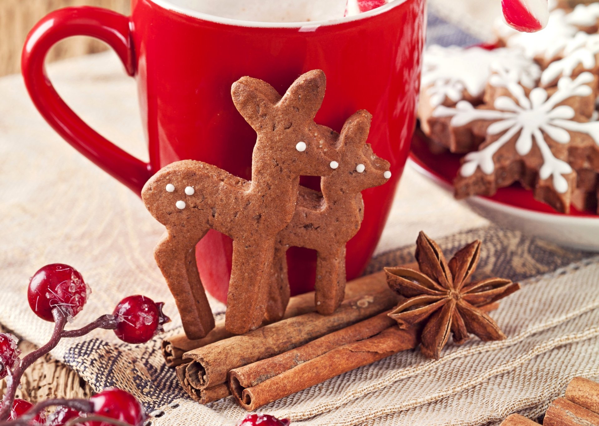 cookies new year reindeer snowflakes baking sweets spices cinnamon anise star anise holly berries cup red christmas
