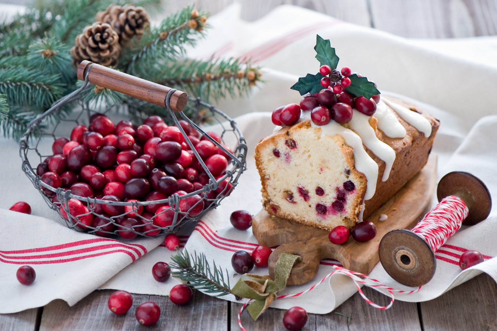 cake christmas baking food dessert berries red cranberries basket branches spruce cone winter holidays new year anna verdina
