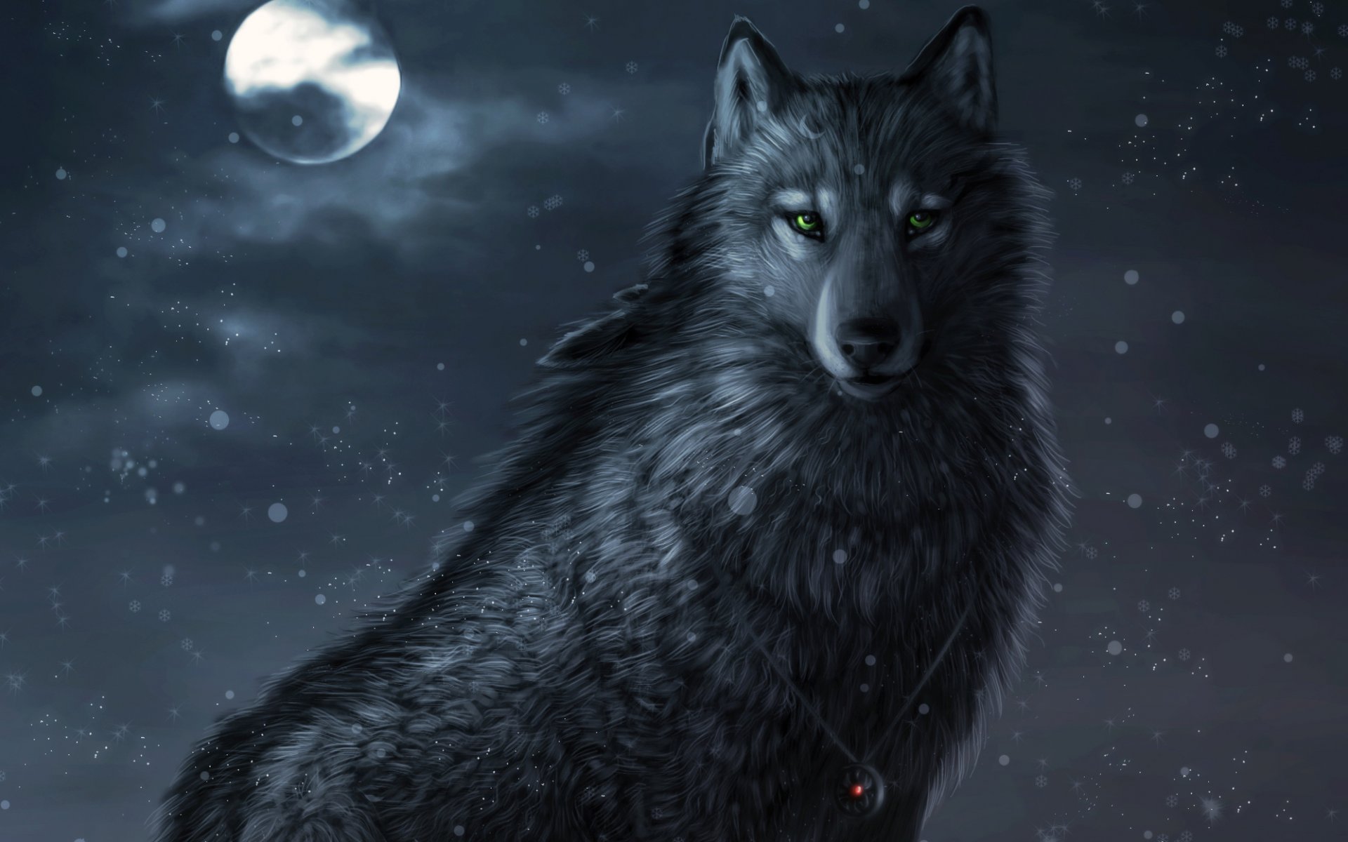winter night art dark_sheyn wolf night moon snow amulet green eyes