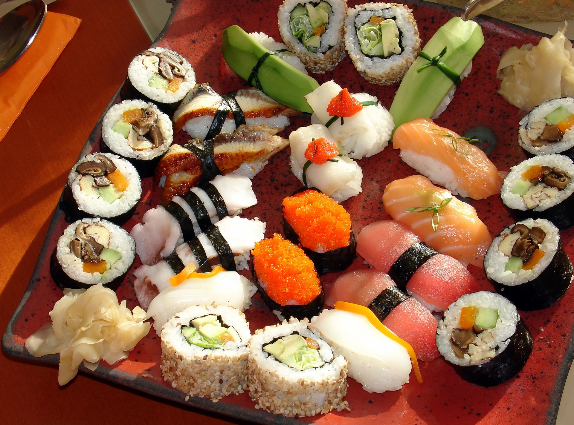 sushi japan japan food land rolls sashimi japanese food seafood red fish salmon slices placer pepper figure caviar mushrooms wasabi ginger green serving