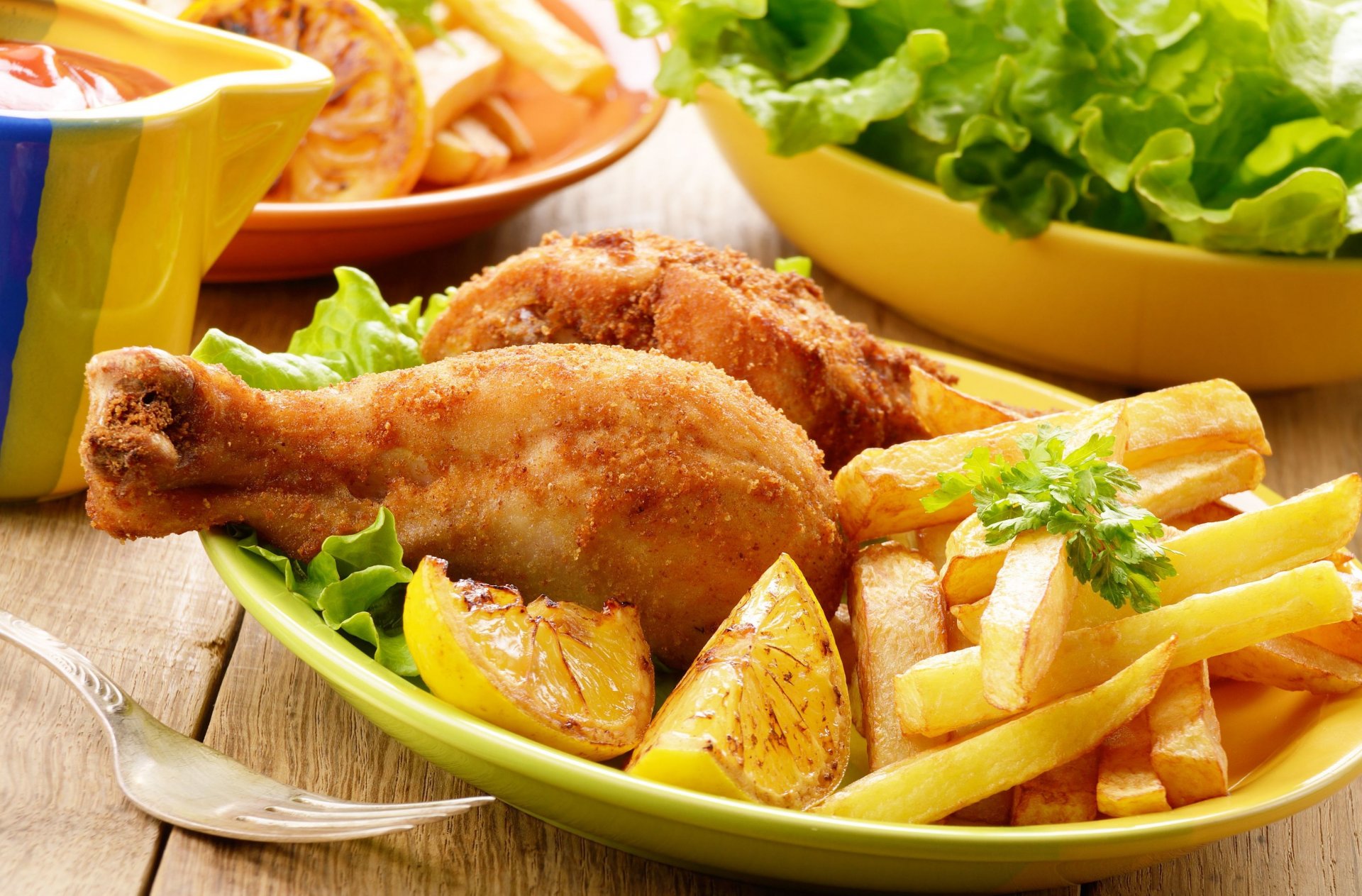 food chicken chicken leg potatoes lettuce lemon fork wallpaper widescreen full screen hd wallpapers background fullscreen
