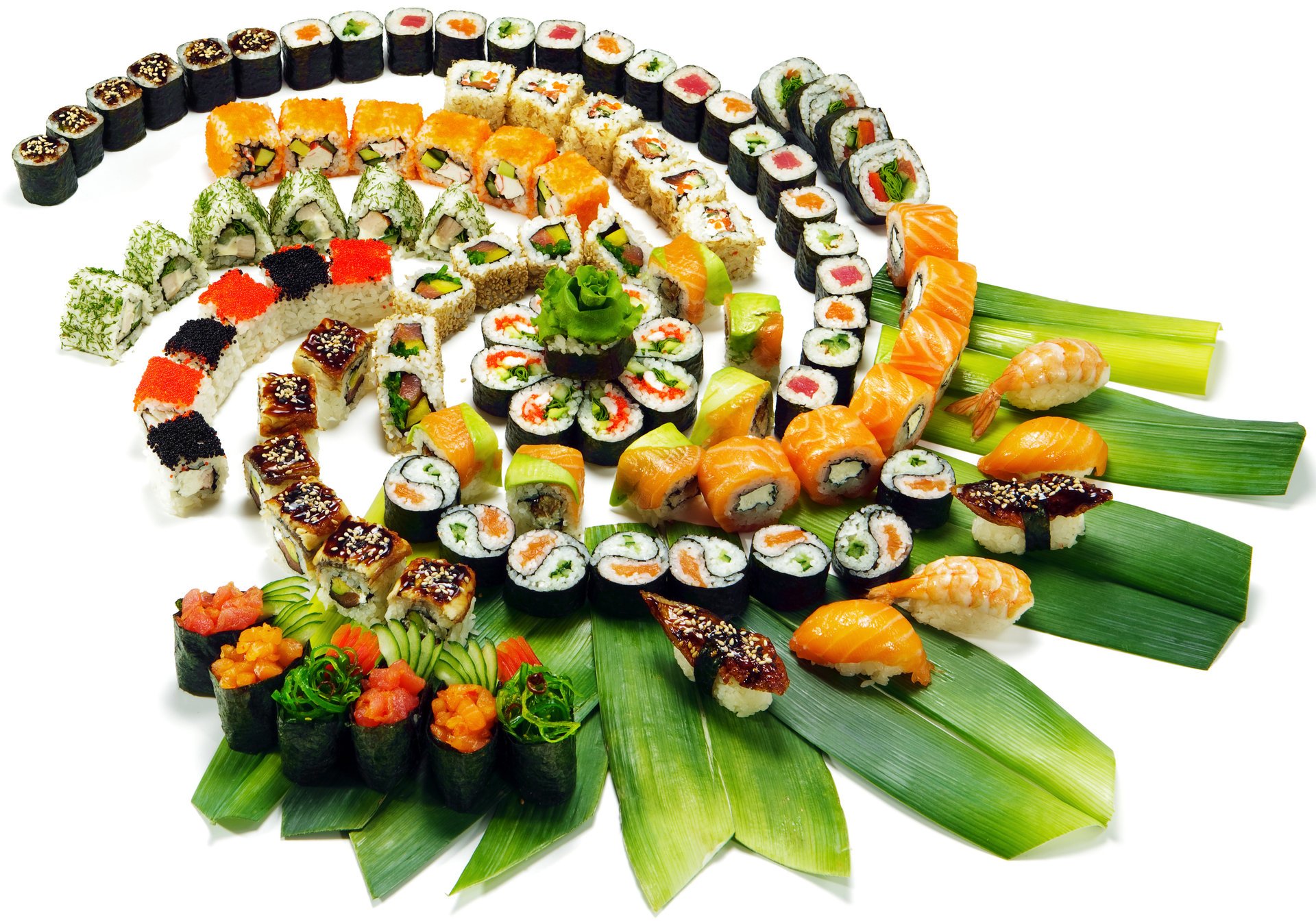 sushi japan japan food land rolls japanese food seafood caviar red caviar red fish salmon tuna shrimp figure slices cutting serving decoration leaves green