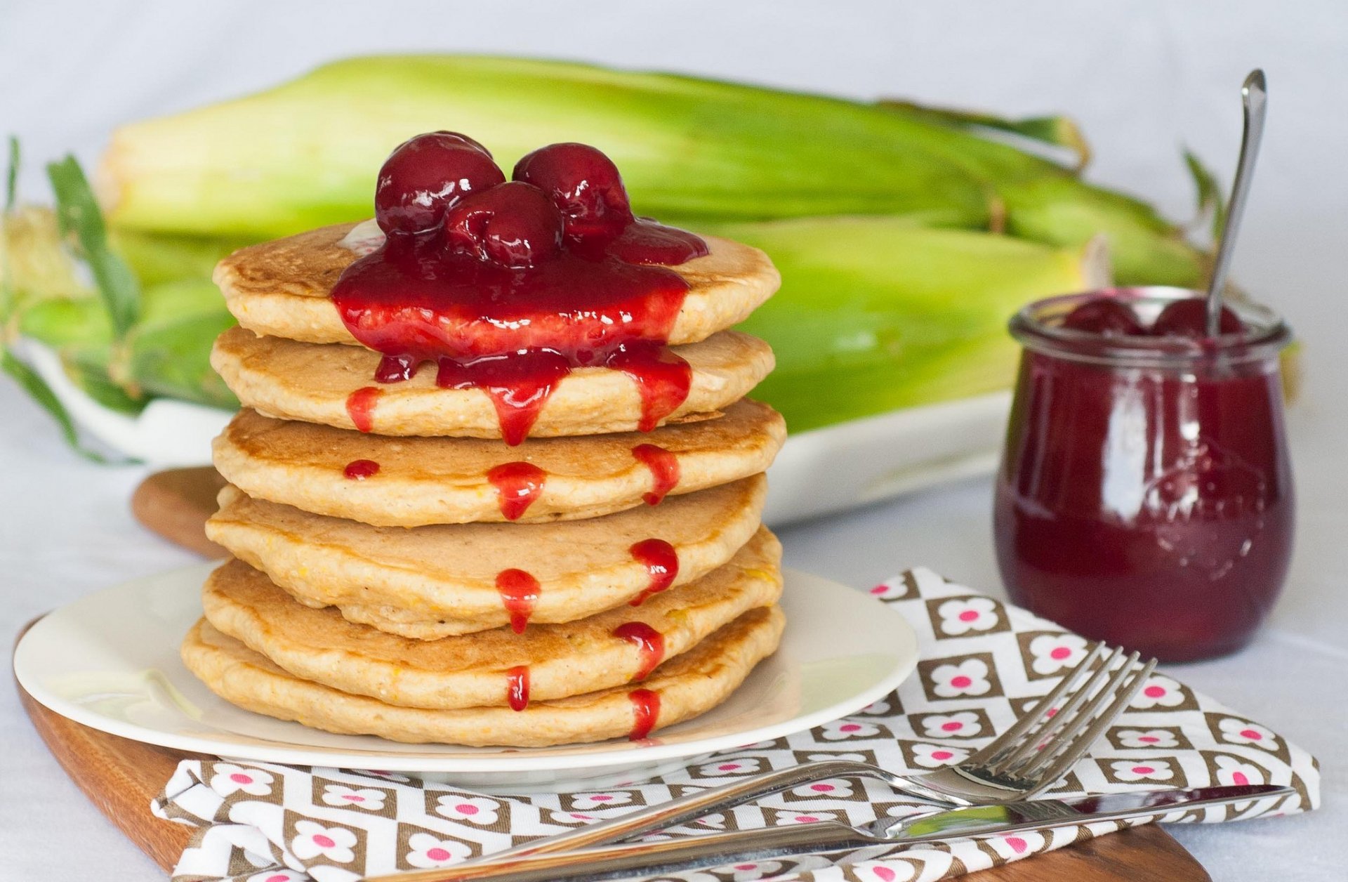 food pancakes cherry jam berry cherry fork background wallpaper widescreen full screen hd wallpapers fullscreen