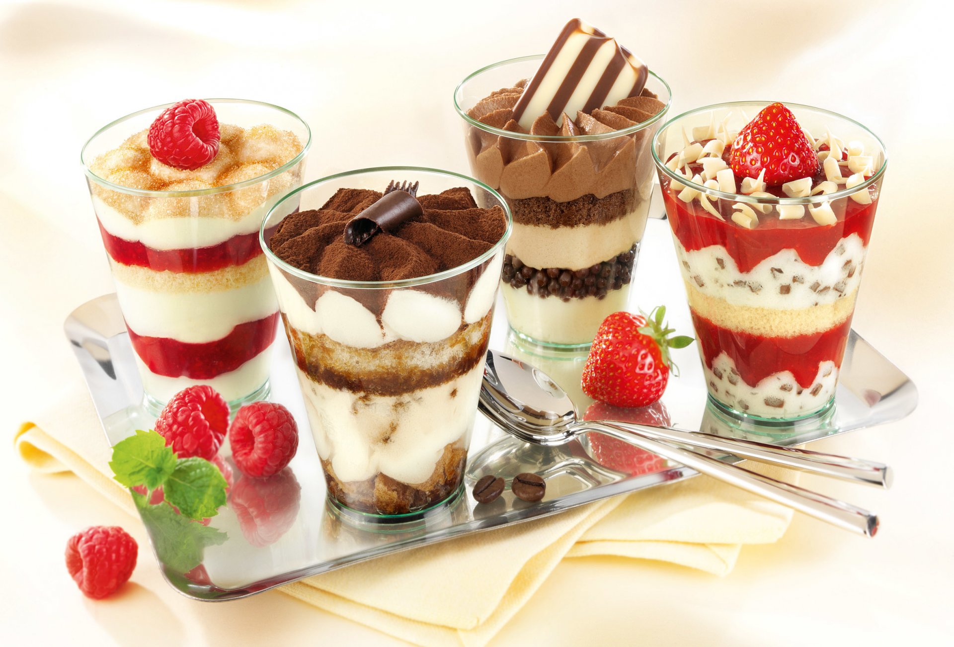 dessert glasses strawberry raspberry iris coffee cocoa chocolate chips cream jam powder spoon tray food delicious