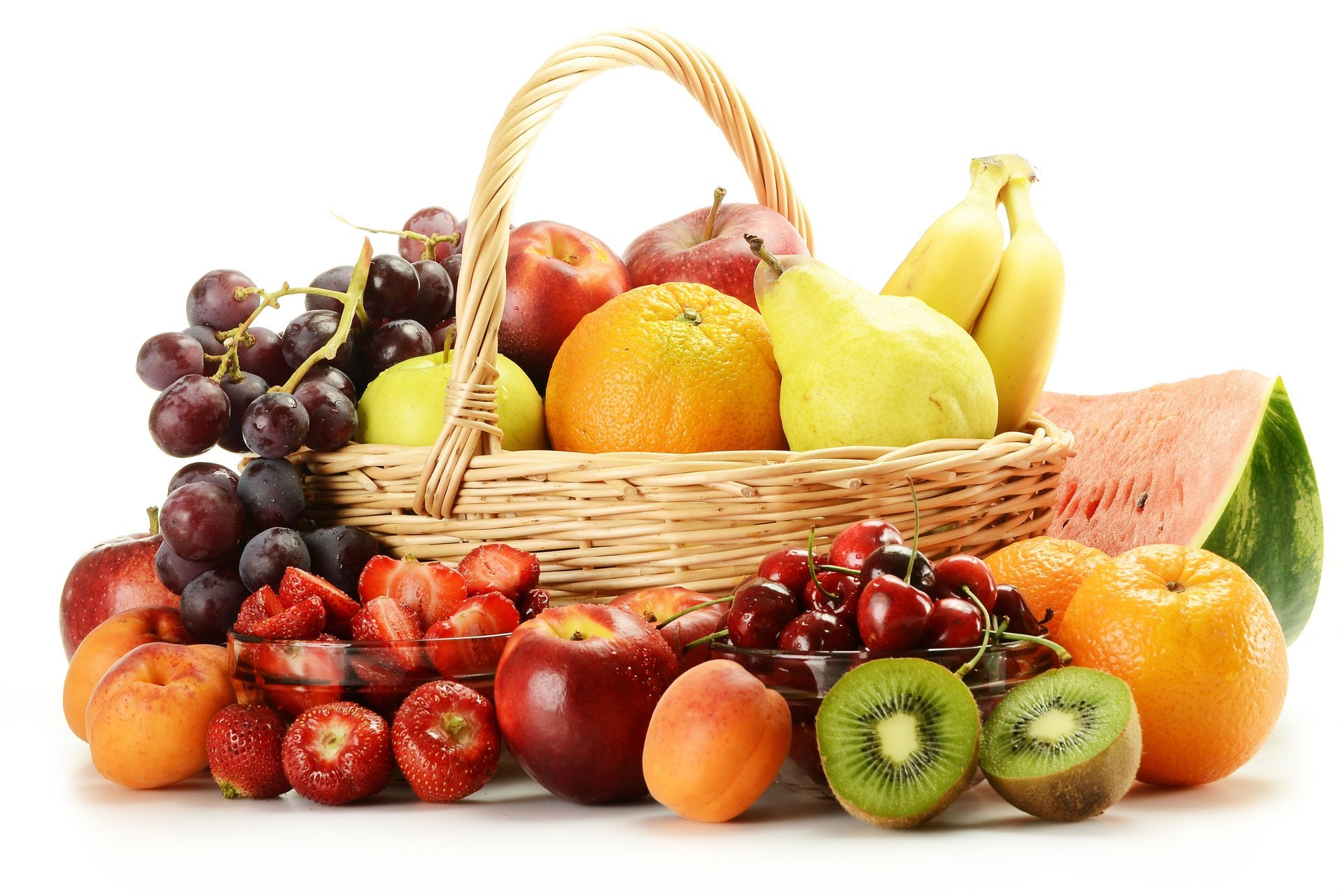 basket fruits berries strawberry cherry grapes apples pear kiwi orange bananas watermelon apricots