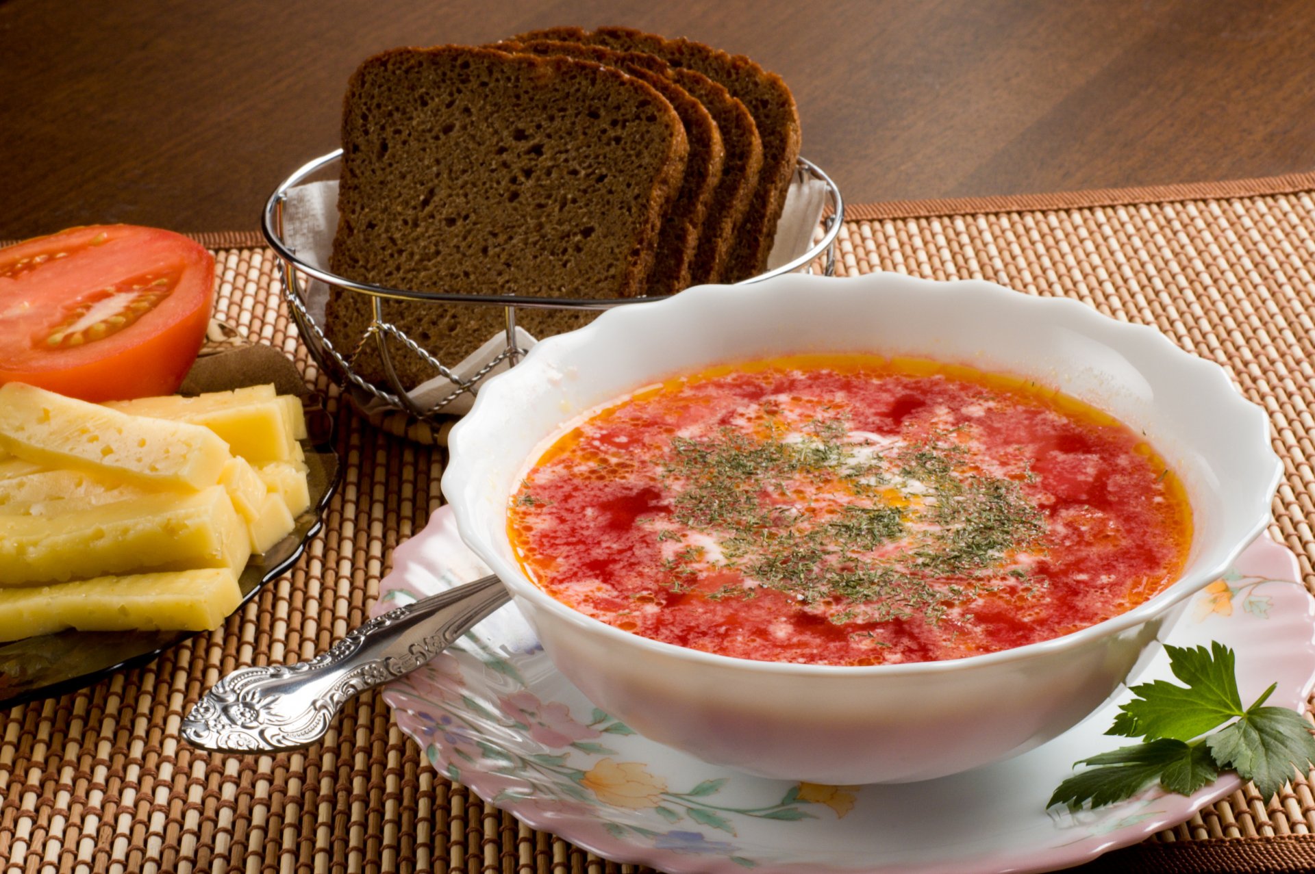 soup sour cream green bread cheese tomato dish spoon food