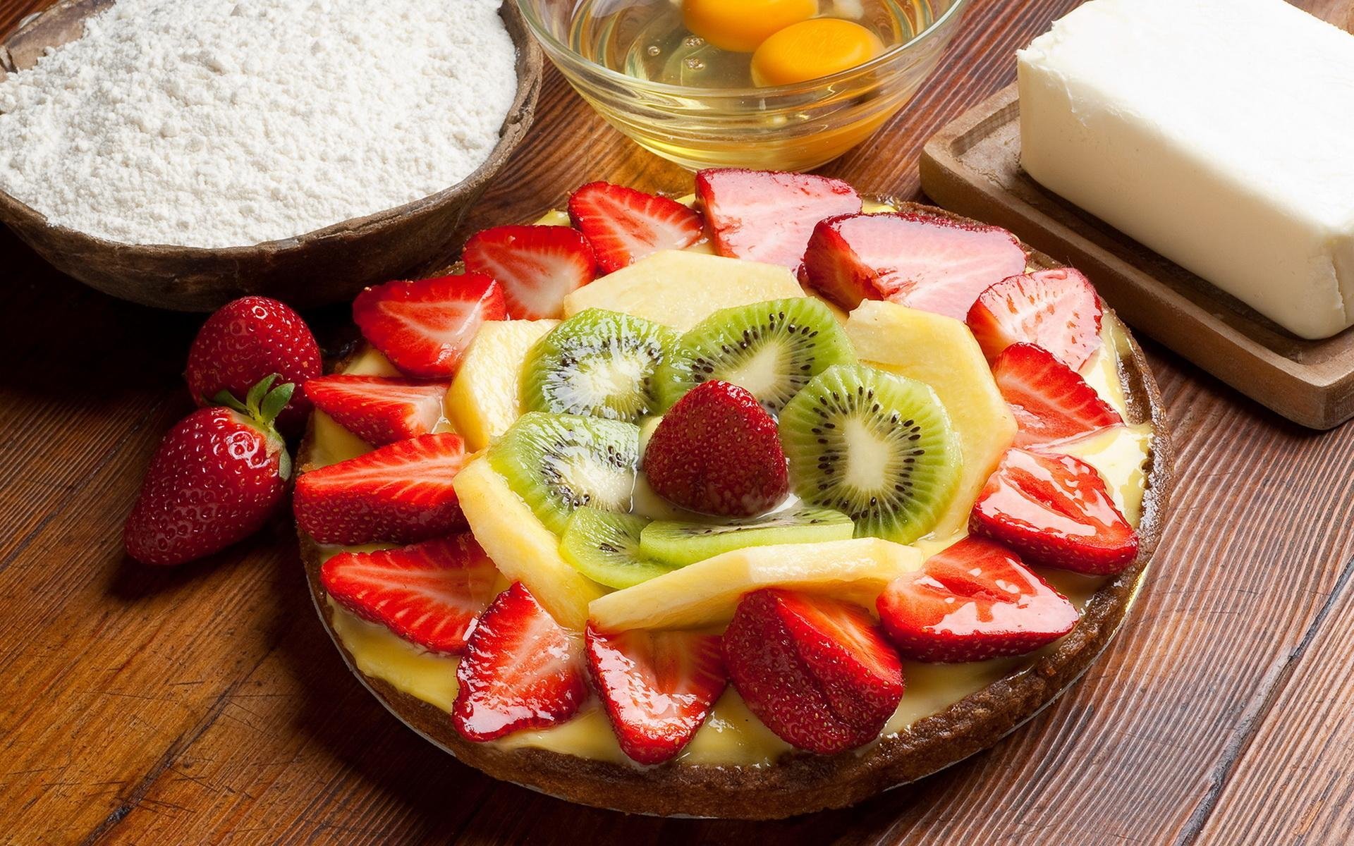 juicy dessert strawberry kiwi pineapple segments eggs oil flour dish