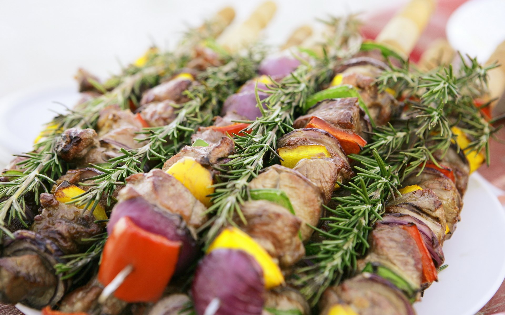 skewers meat food delicious vegetables