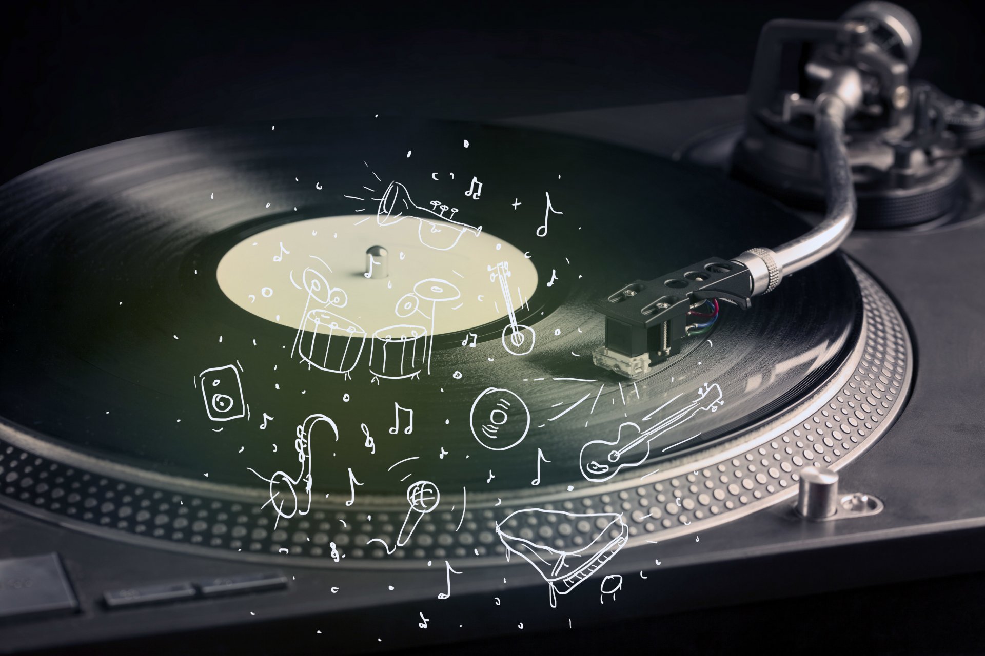 music tools musical instrument album vinyl the player record music fan party drawn band guitars impact installation saxophone piano microphone creative retro wallpaper.
