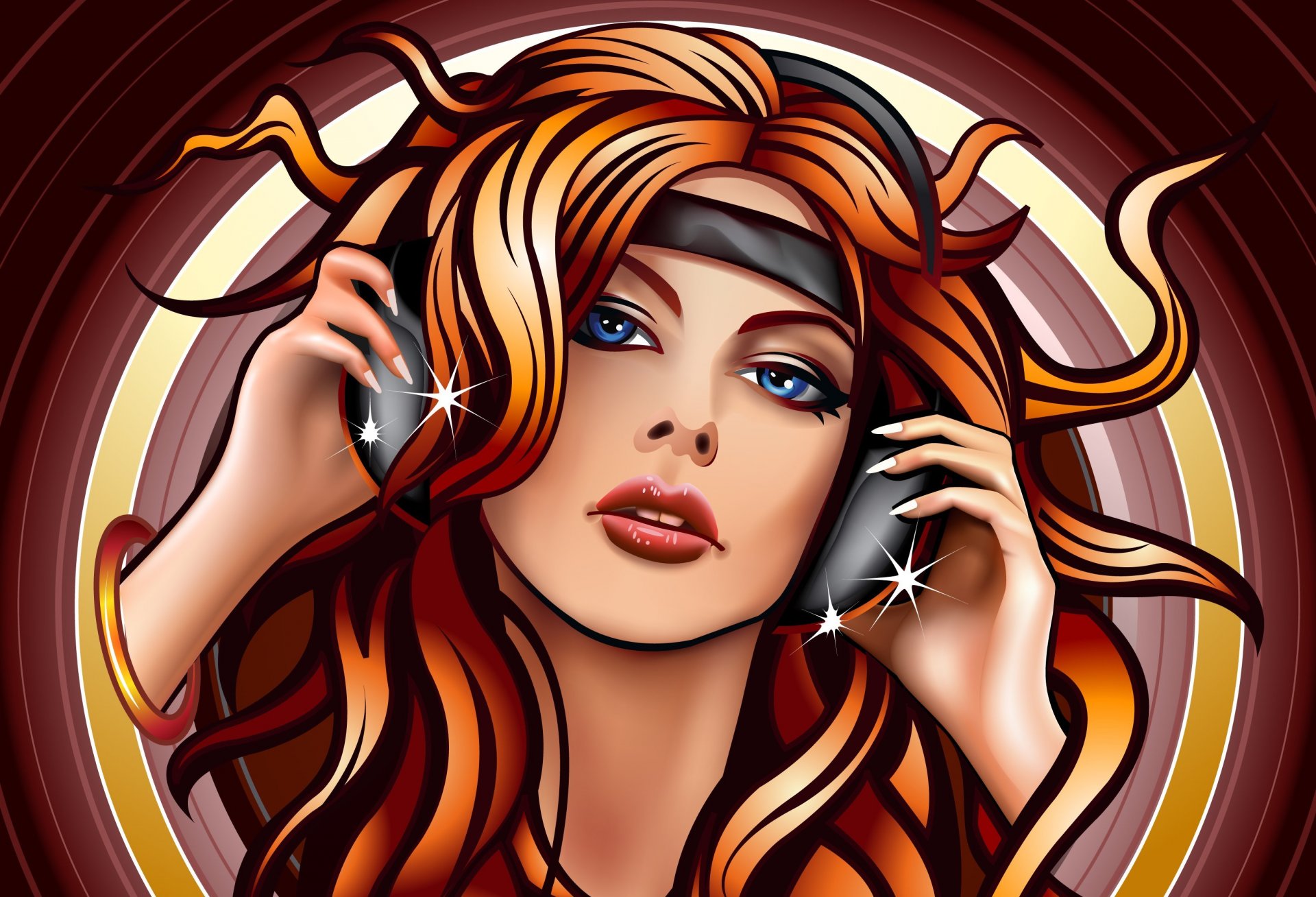 music vector girl headphones view hair hands