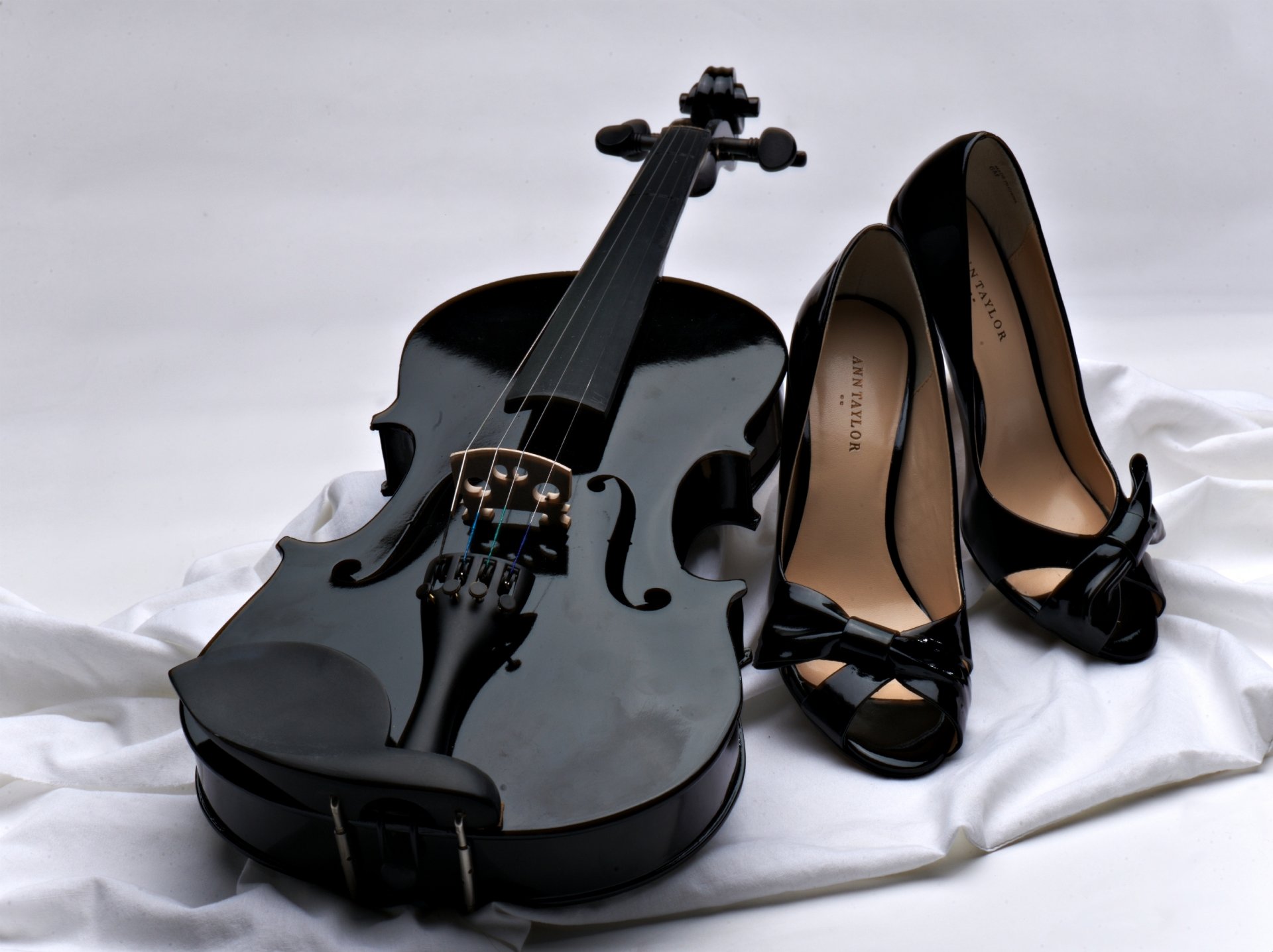 violin black shoes cloth white background music string bows