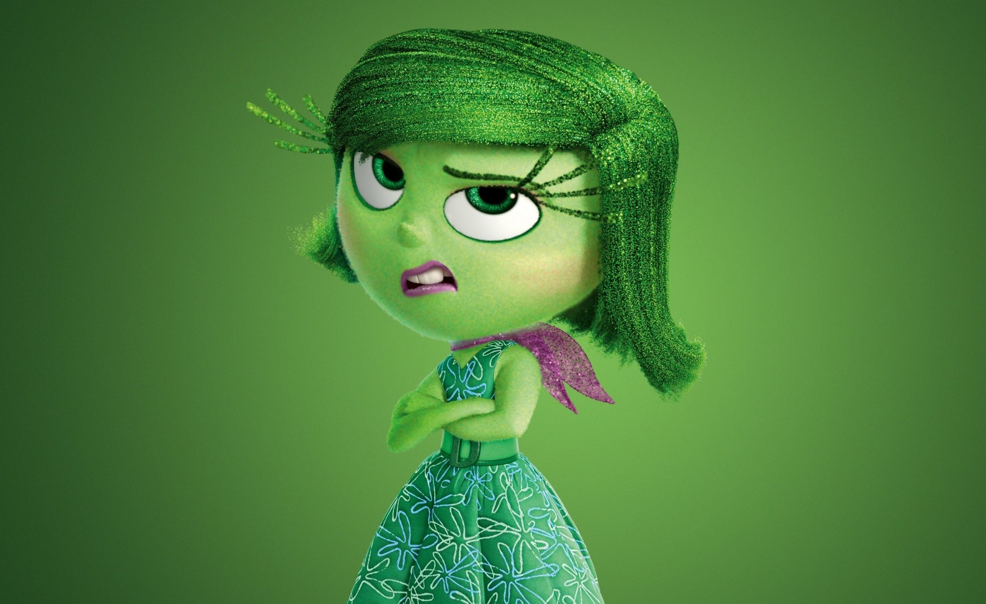 inside out disgust five emotions adventure pixar animation studios walt disney studios motion pictures 2015 green chibi girl dress scarf face hana flowers
