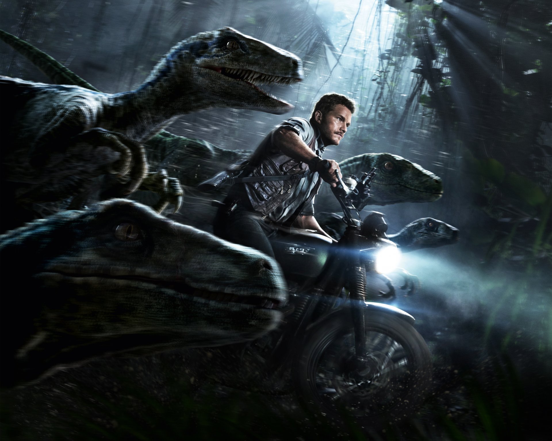 jurassic world movie film 2015 chris pratt owen grady legendary pictures amblin entertainment universal pictures action adventure sci-fi thriller jurassic wild park nature man motorcycle weapons guns