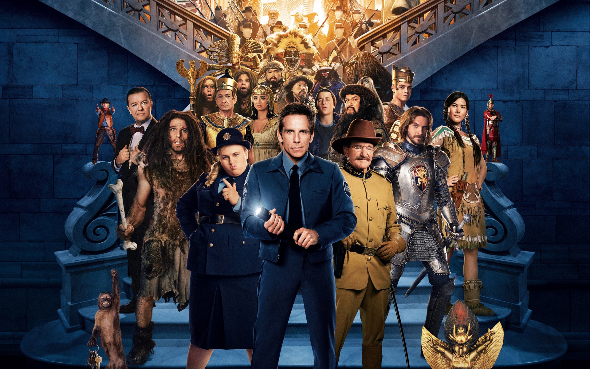 night at the museum: secret of the tomb fantasy ben stiller larry daley robin williams teddy roosevelt characters museum stairs guard flashlight rebel wilson