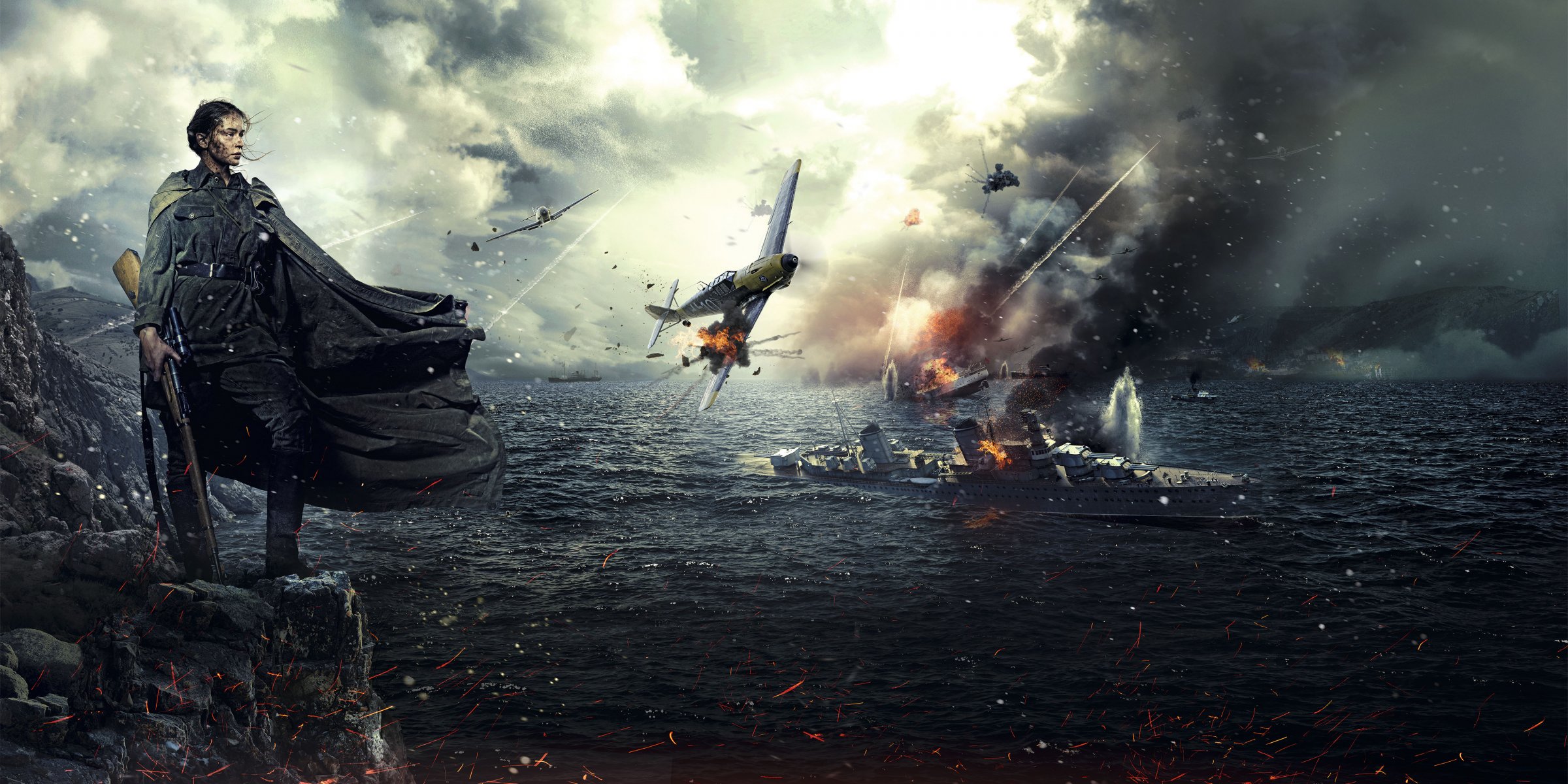 the battle of sebastopol war julia peresild girl fighter sniper tunic rifle sea beach rock fight air maritime planes ships explosions fire sparks