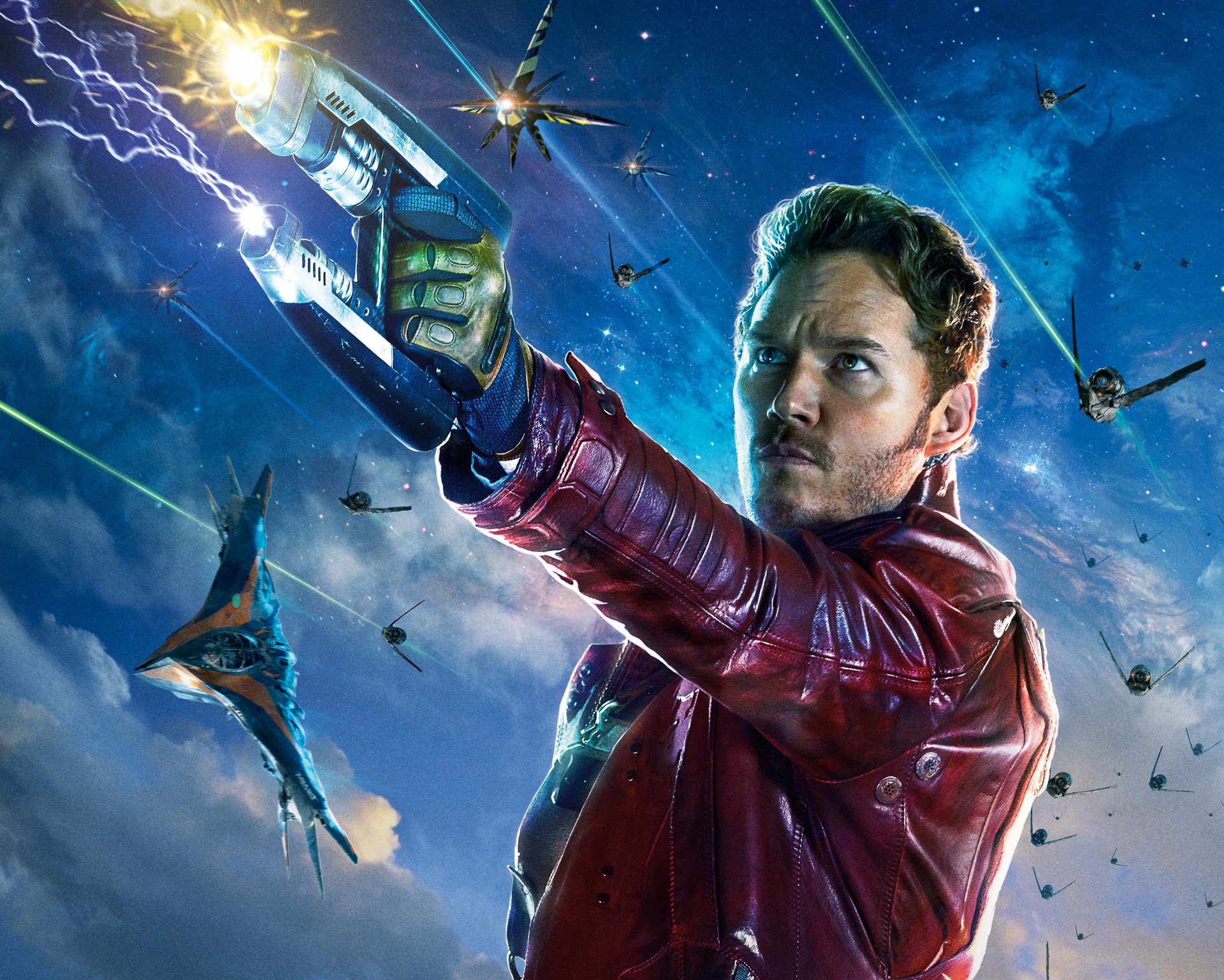 guardians of the galaxy movie film 2014 chris pratt peter quill star-lord marvel heroes hero laser warriors fighters man situation guns pistols weapons space sky clouds planes battle planet battleship