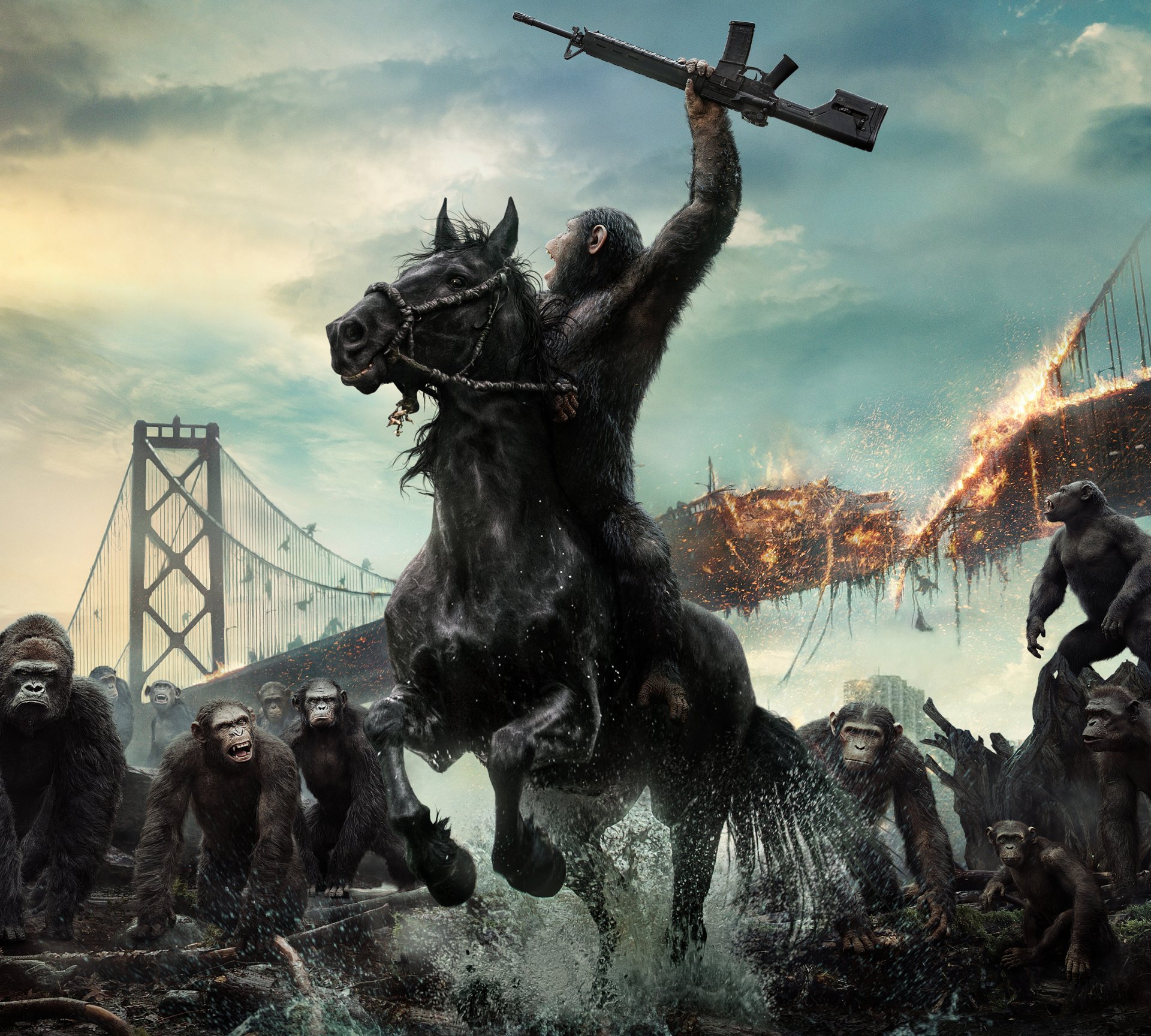 dawn of the planet of the apes movie film 2014 andy serkis caesar monkey chimpanzee action drama sci-fi thriller animals monkeys gorilla horse usa new york bridge sky cloud hd wallpaper