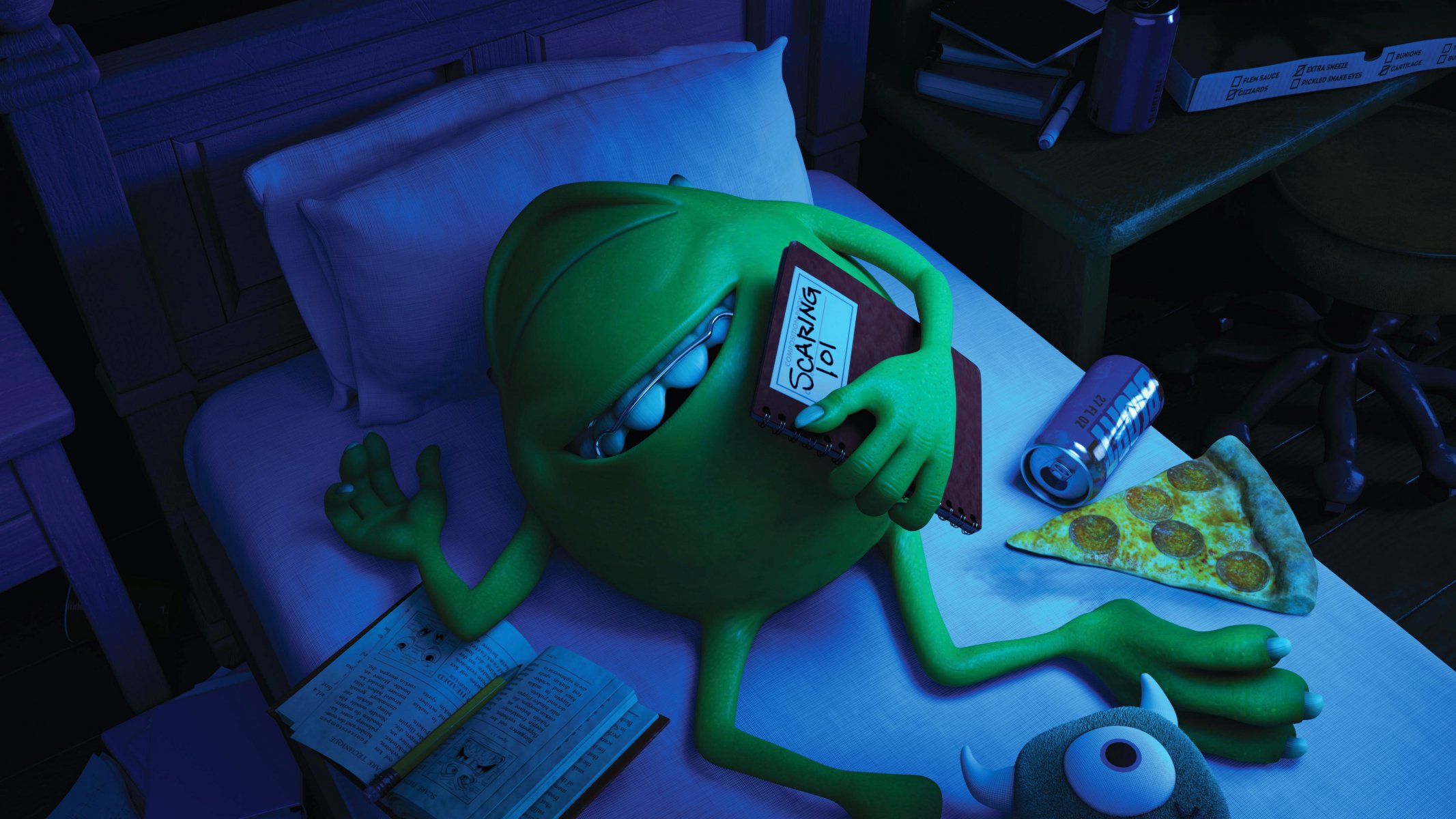 disney pixar university of monsters monsters university monsters inc. monsters bed green blue one-eyed smile braces mike wazowski sleep monster