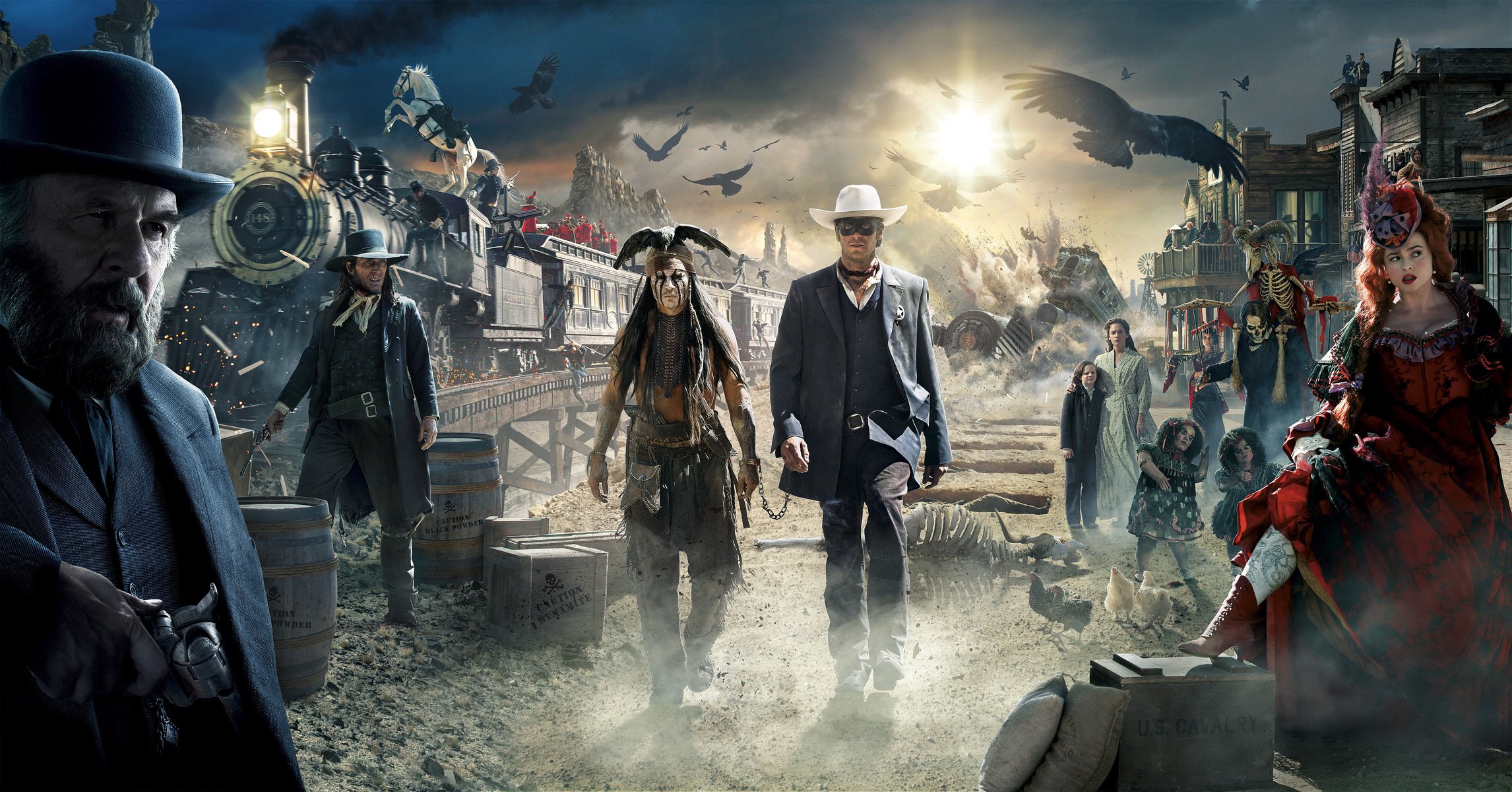 the lone ranger movie movies film films johnny depp armie hammer helena bonham carter hero heros tonto red john reid white hourse man men girl woman women mask sky fire cloud train steam engine ground