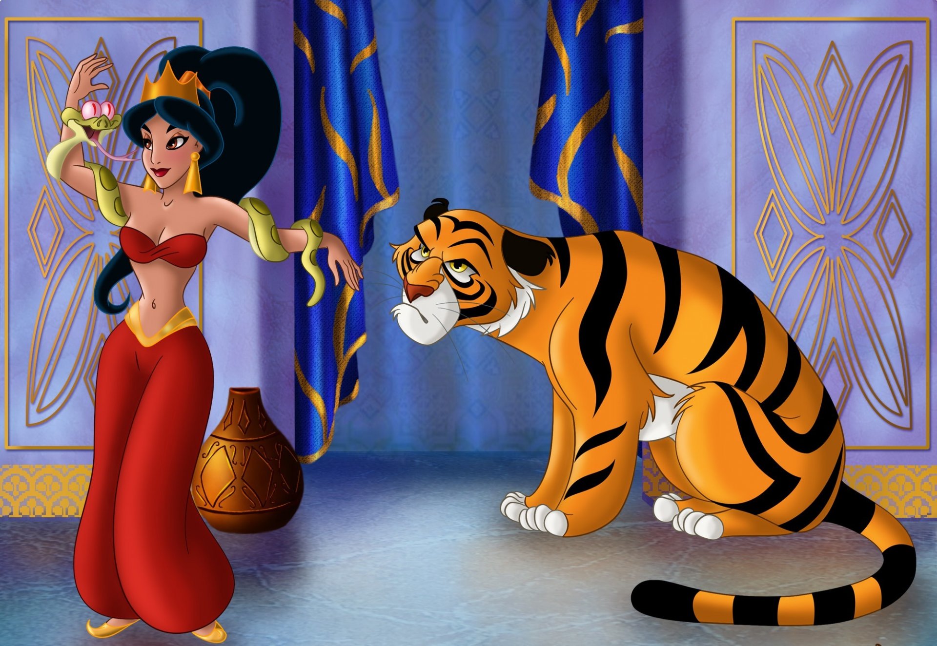 aladdin the new friend of jasmine walt disney fanart movie animated film fairytale princess jasmine tiger rajah cartoon east baghdad tale beauty balcony raja snake