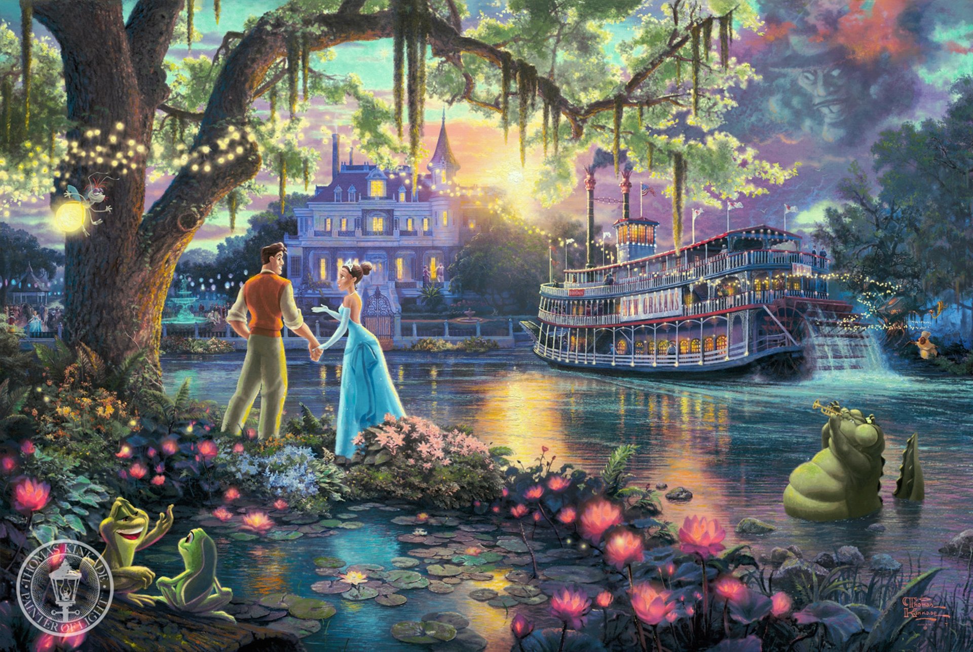 thomas kinkade the princess and the frog the disney dreams collection 50-th anniversary art sunshine sunset evening flowers firefly fairytale fantasy disney night river boat water lilies flower tree f