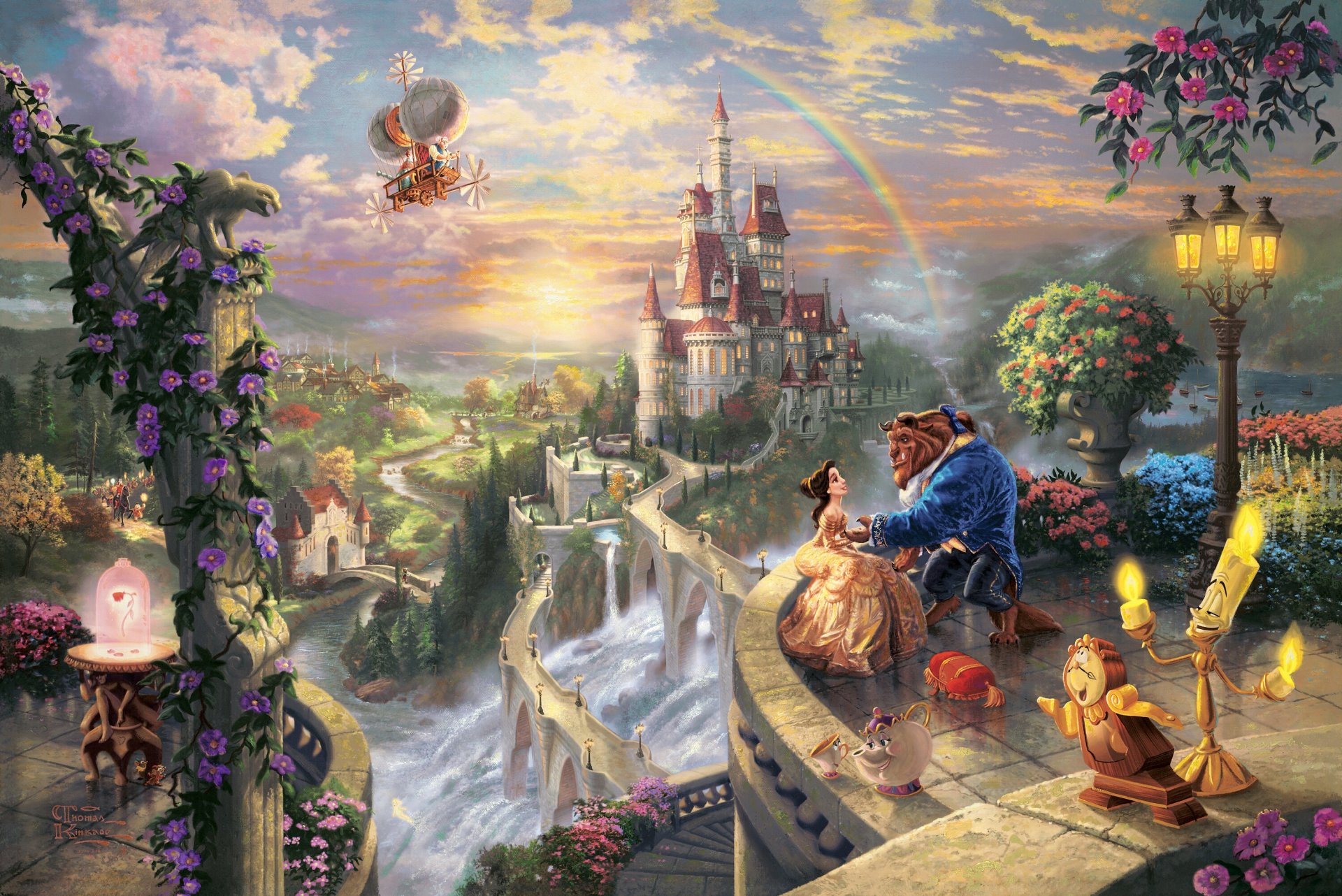 thomas kinkade beauty and the beast falling in love the disney dreams collection 50-th anniversary belle prince art castle sunset rainbow fairytale fantasy love story rose beauty and the beast bell di