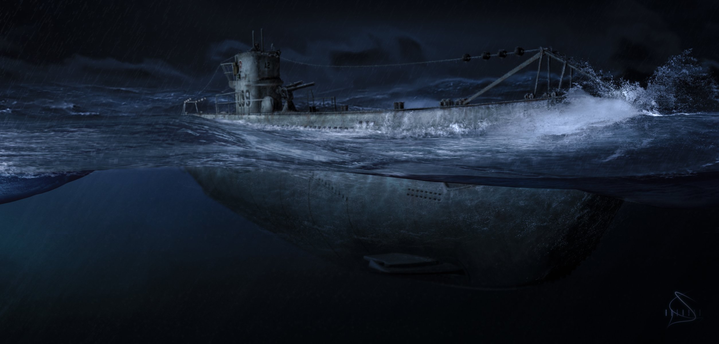 art ocean night submarine u-99 one from very known and formidable underwater boats germany army second world war