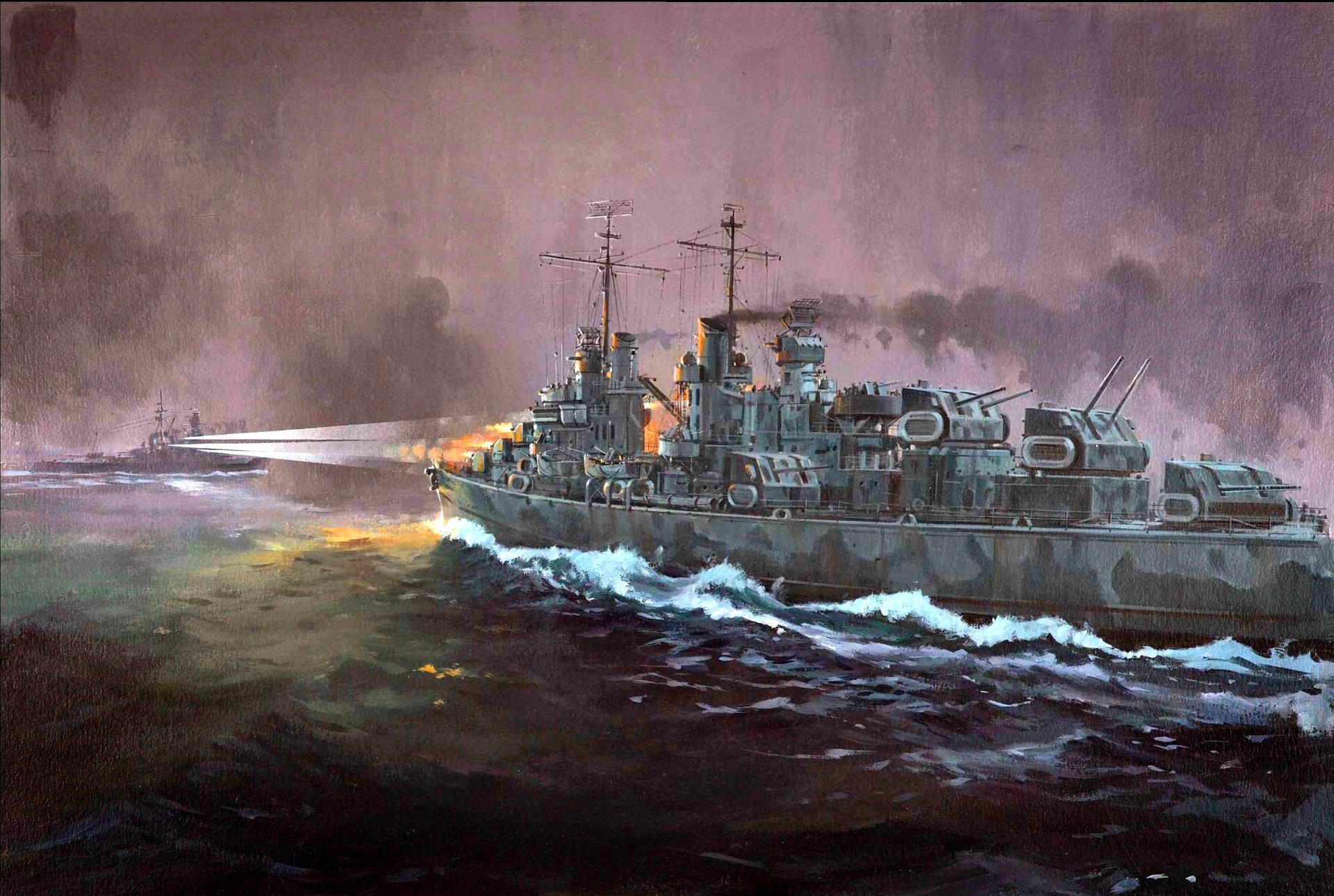 art first battle of guadalcanal night from 12-13 november 1942 floodlight rays japanese speedboat battleship
