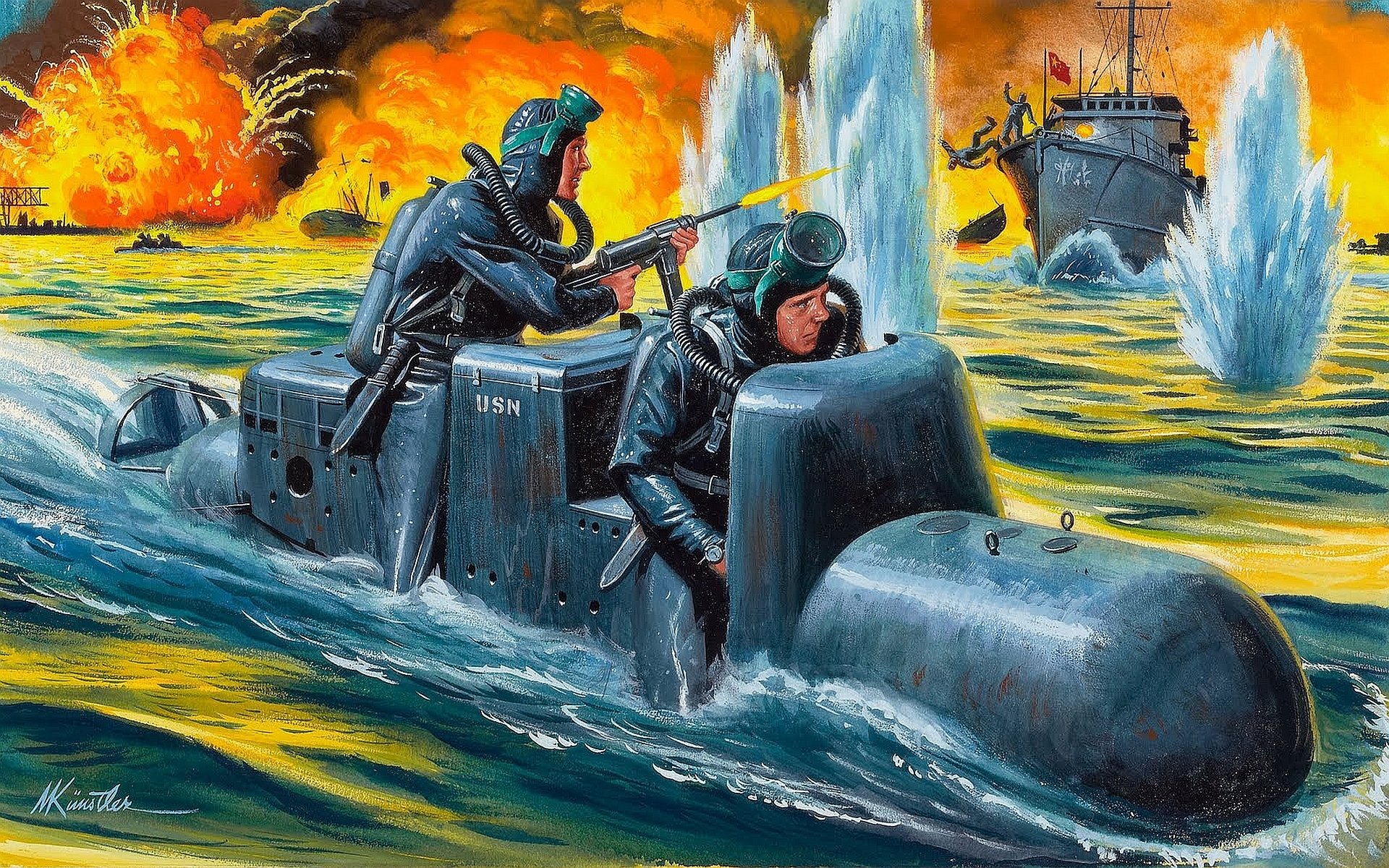 art the port area of water man- torpedo slc italian frogmen attack ships explosions fire ww2 picture