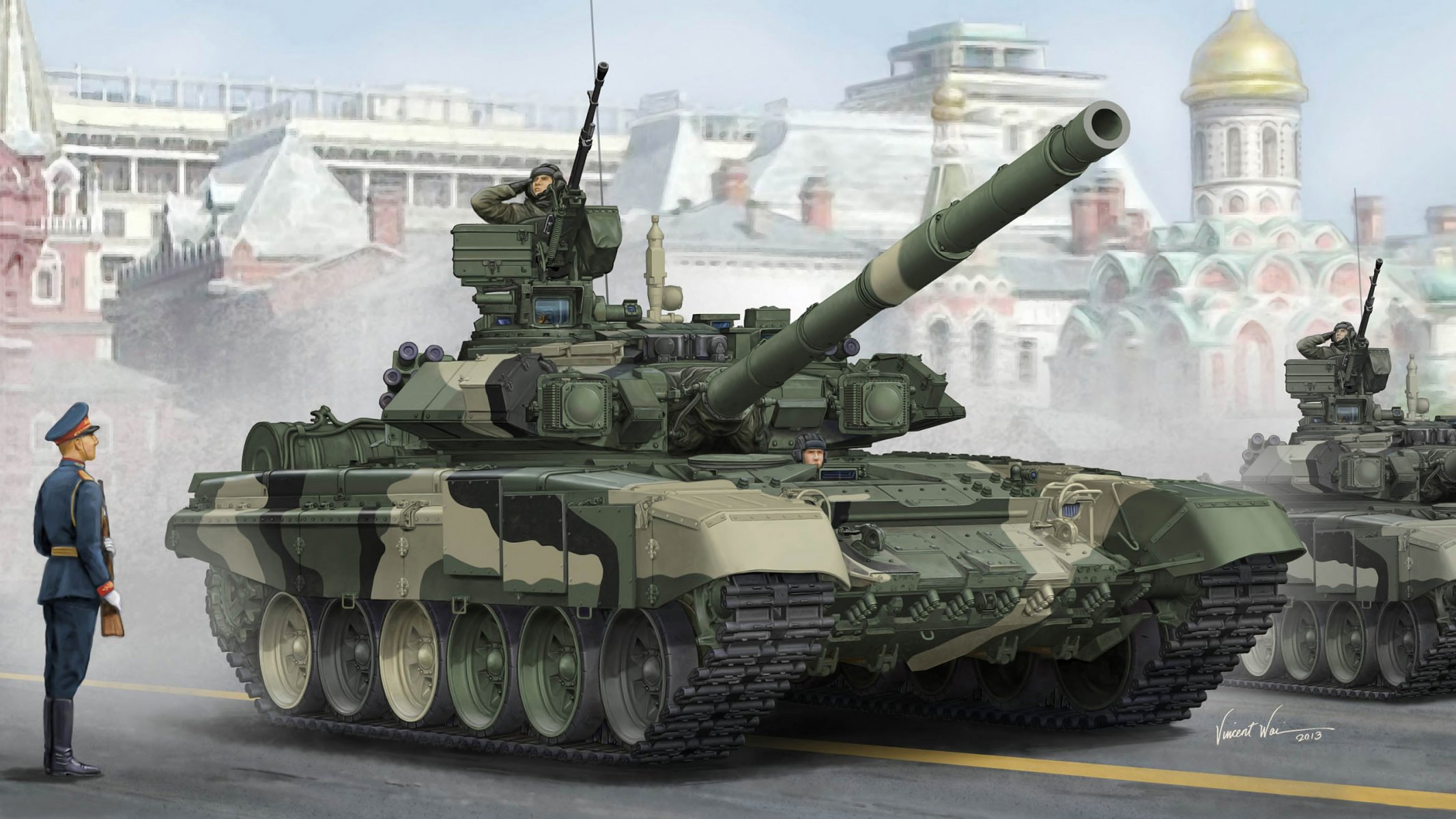 art t-90a russia mbt tank gauge 125 mm red square moscow victory parade background temple our lady of kazan russia .
