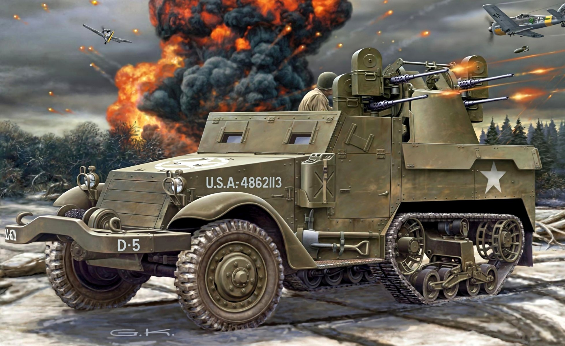 art m3 half-track personnel carrier american armored personnel carrier m16 quad zsu browning machine guns shooting bomb break ww2 picture