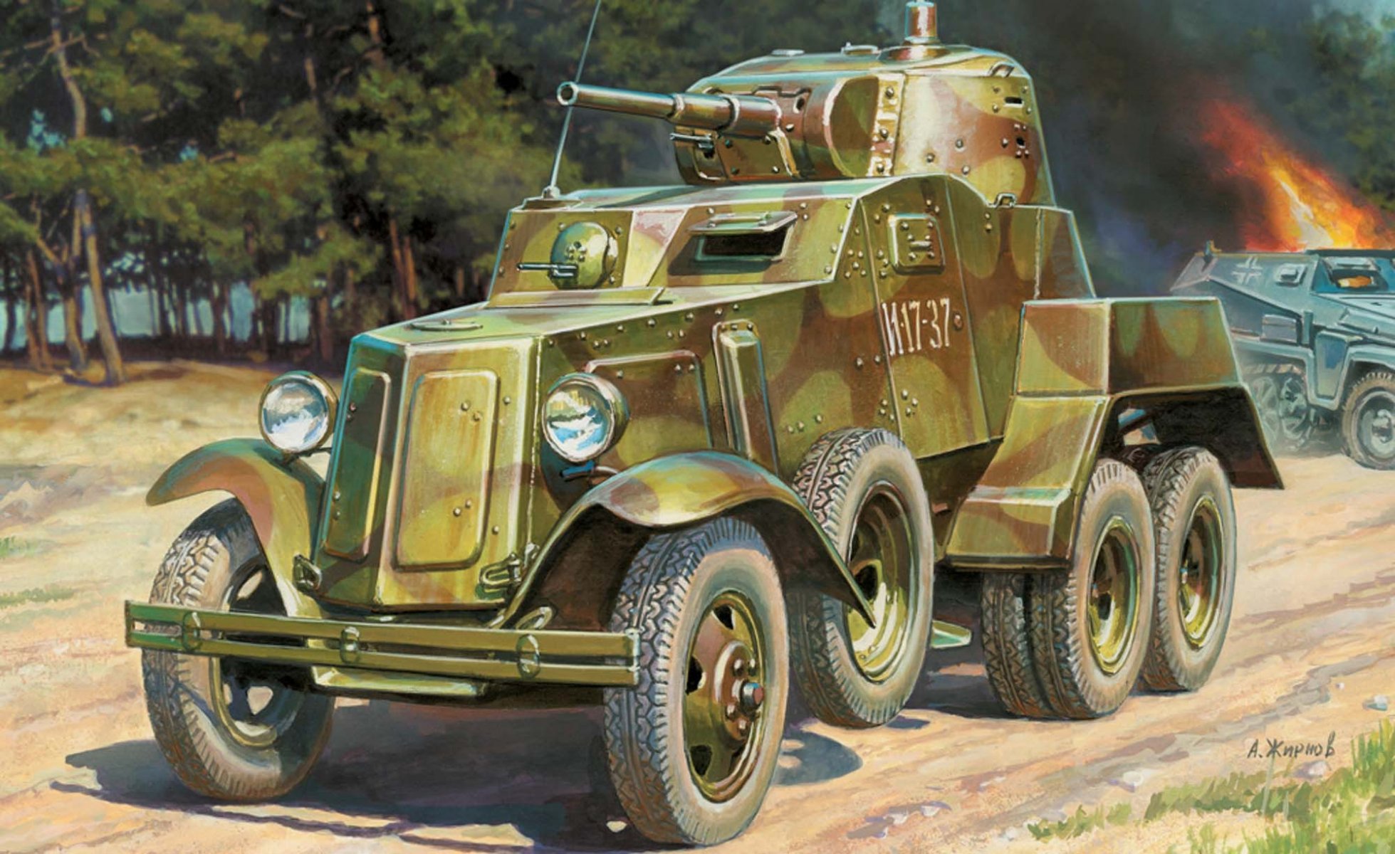 art soviet medium armored car ba-10 was developed by to design office izhora factory 1938-1941g reconstructed chassis truck gaz-aaa crew people gauge and mark gun 45 - mm machine guns 2x7 62 mm dt- 29