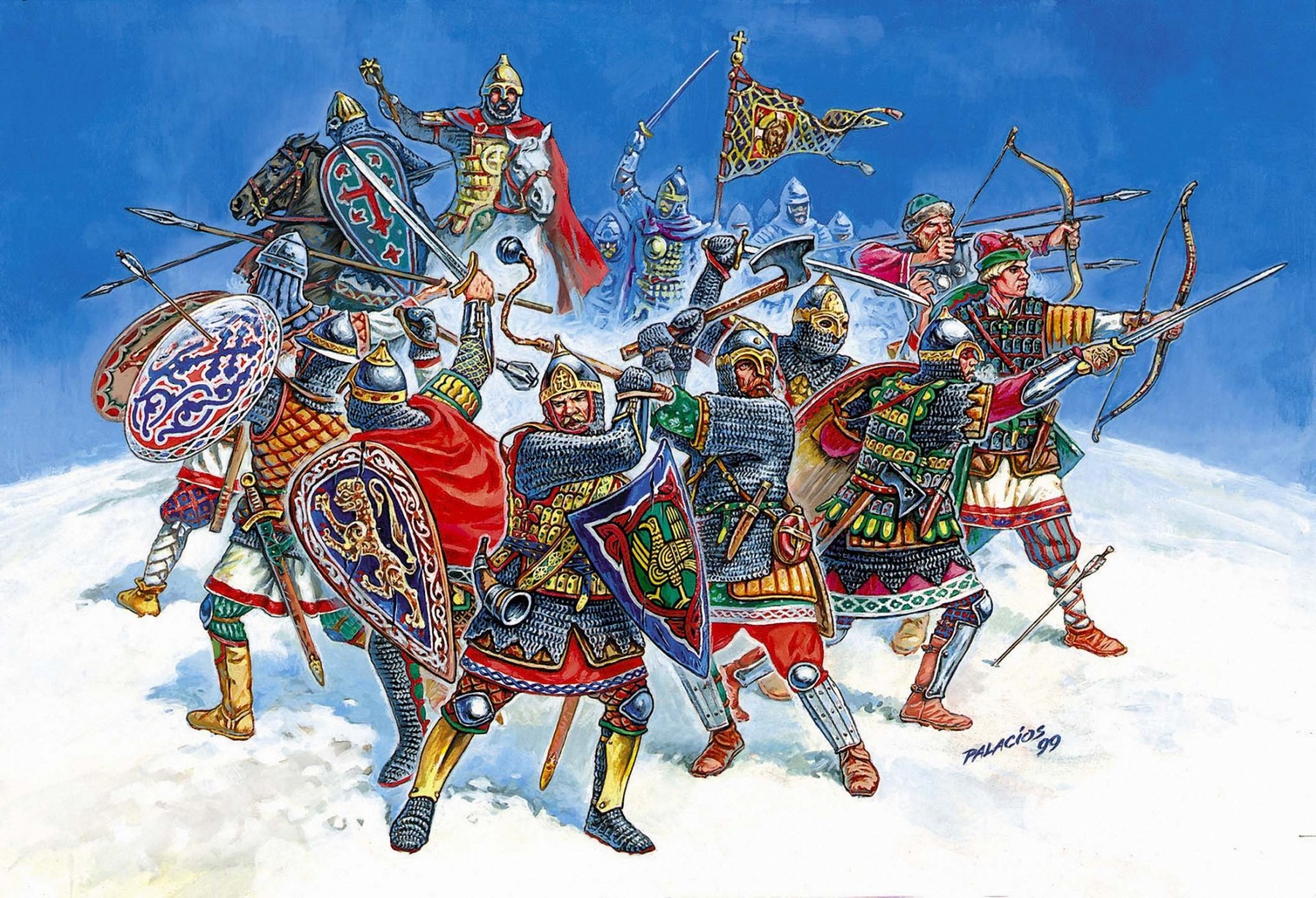 art russian knights russian combatants xiii-xiv centuries era war strife fight to tatar mongolian conquerors and german knights.