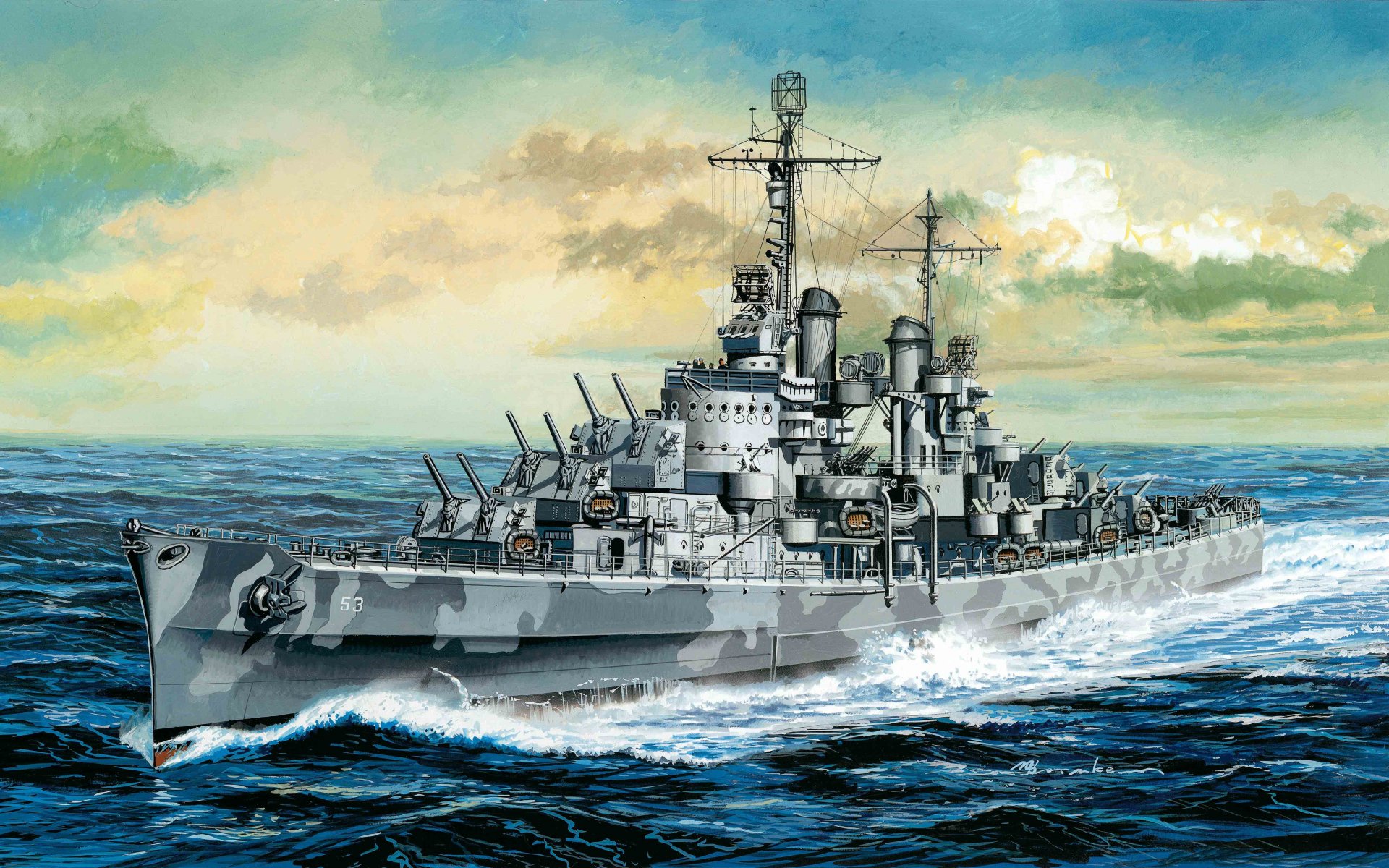 art navy ship lightweight cruiser type atlanta san diego cl-53 lung cruisers fleet united states entered to system january 10 1942 . ww2.