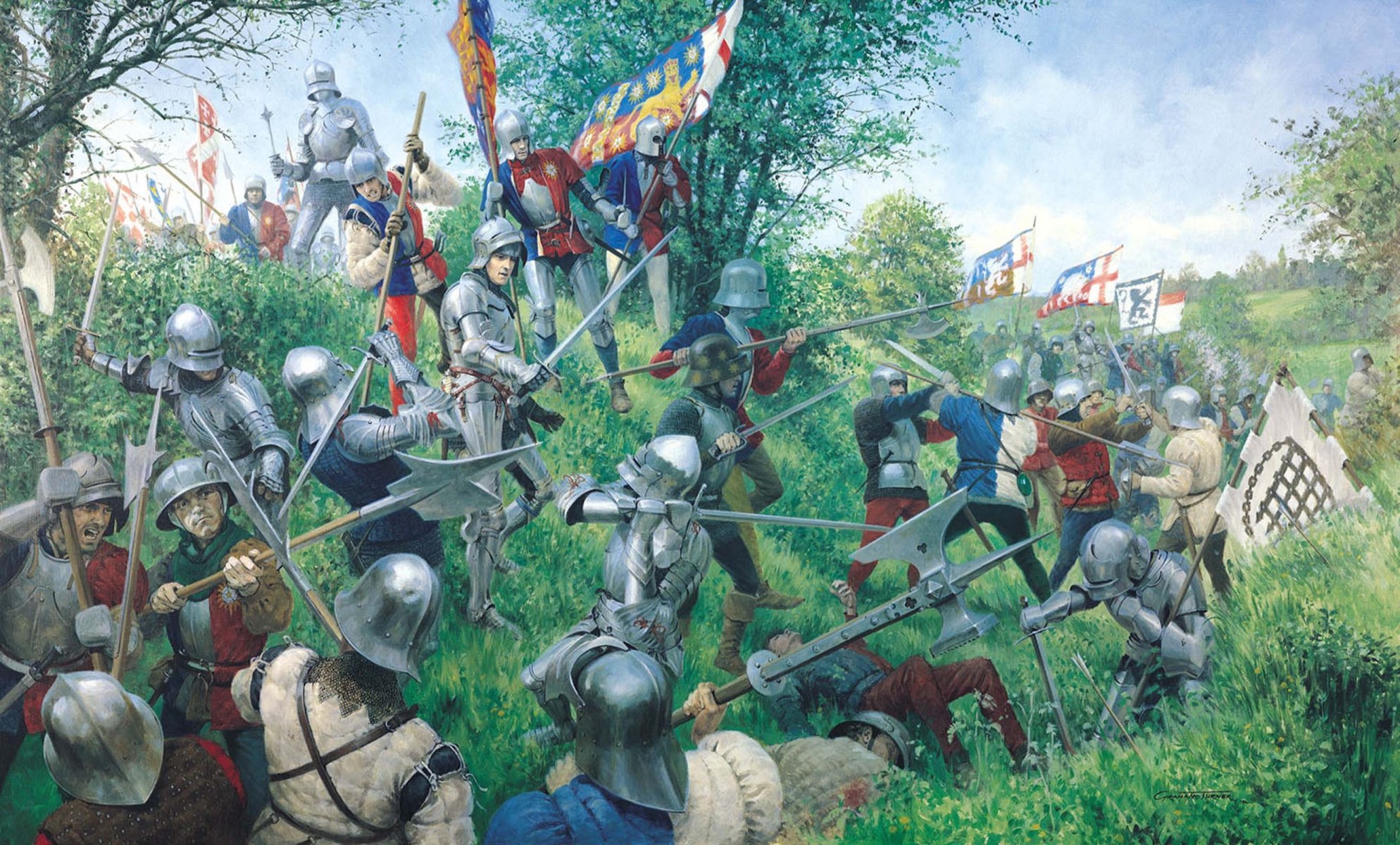 art painting graham turner battle at tewkesbury battle of tewkesbury between troops lancaster and ny on time war scarlet white roses to western england held may 4 1471g completed strong victory york.