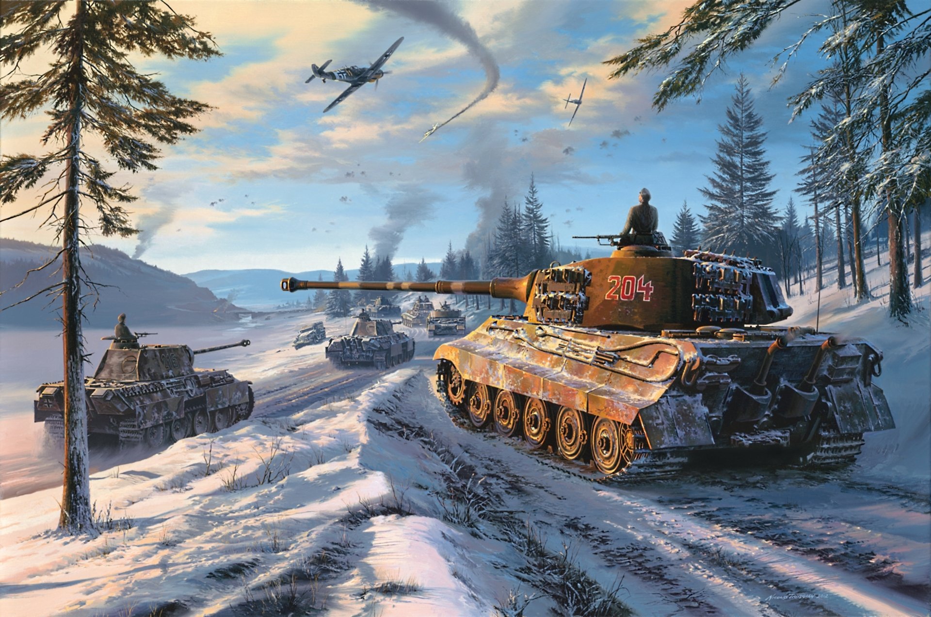 picture nicolas trudgian forest winter snow column sky planes messerschmitt bf.109 tanks medium tank panther sd.kfz. 171 pz.kpfw.v panther sd. kfz. 182 pzkpfw vi ausf. b tiger ii königstiger king tige