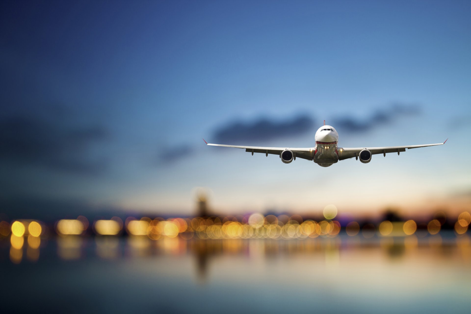 plane airplane passenger airliner height sky flight sea lights airport town night beautiful background blur bokeh wallpaper.
