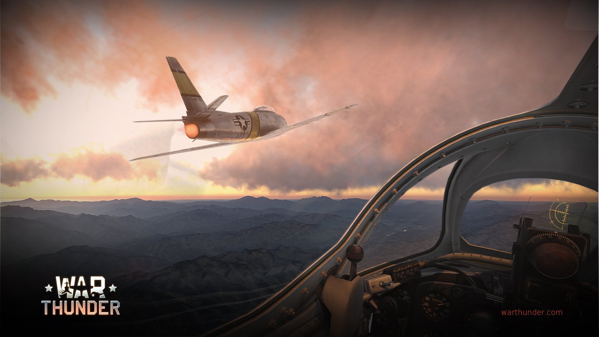 war thunder north american f-86 sabre american jet fighter design bureau mikoyan - gurevich mig- 15 fagot soviet cabin cockpit sight speedometer hills korea sunset