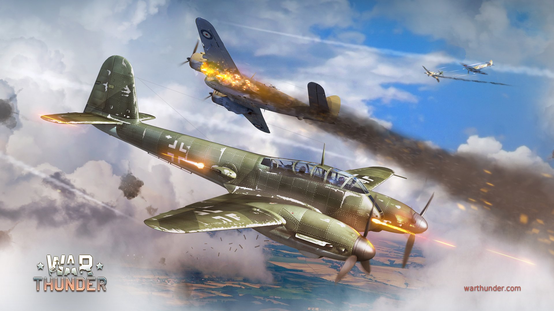 art war sky messerschmitt me.410 hornisse hornet german twin-engine heavy fighter bomber bristol beaufighter uk torpedo flame clouds war thunder supermarine spitfire bf.109 shooting smoke