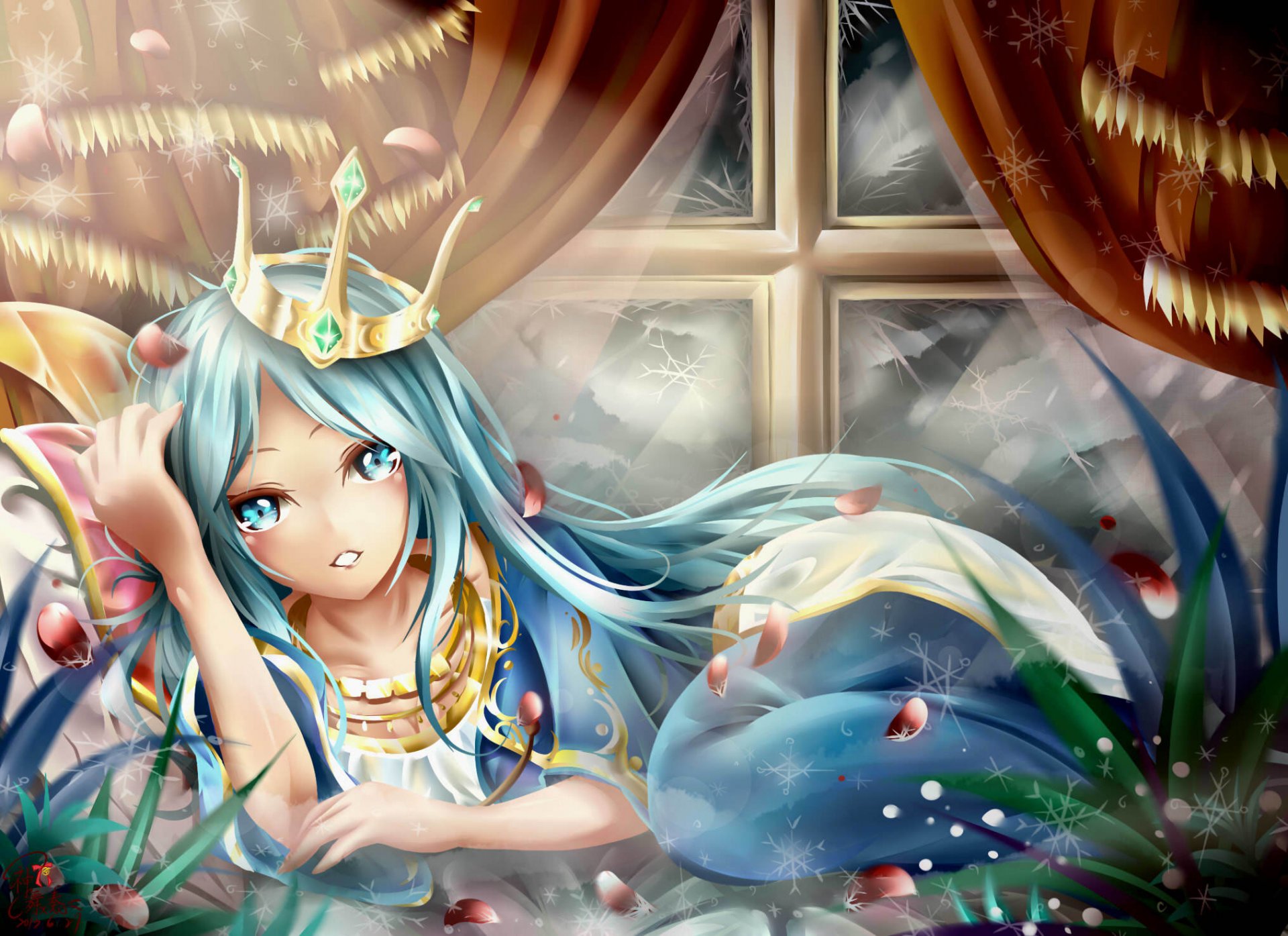 art league of legends ashe girl crown petals stones decoration grass