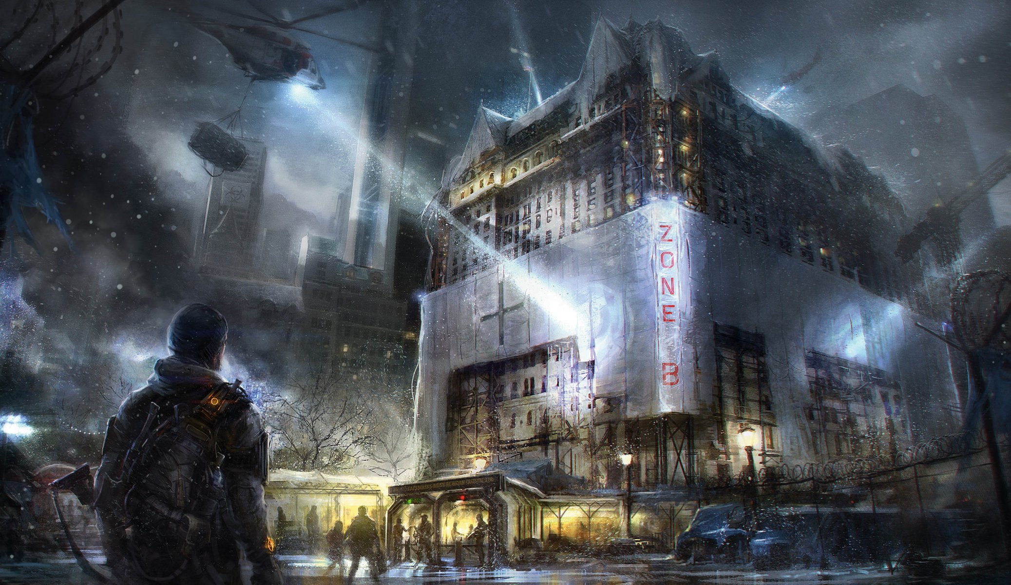 tom clancy's the division ubisoft entertainment art the situation town machinery buildings sky window fence post weapon clouds survivors snow people light