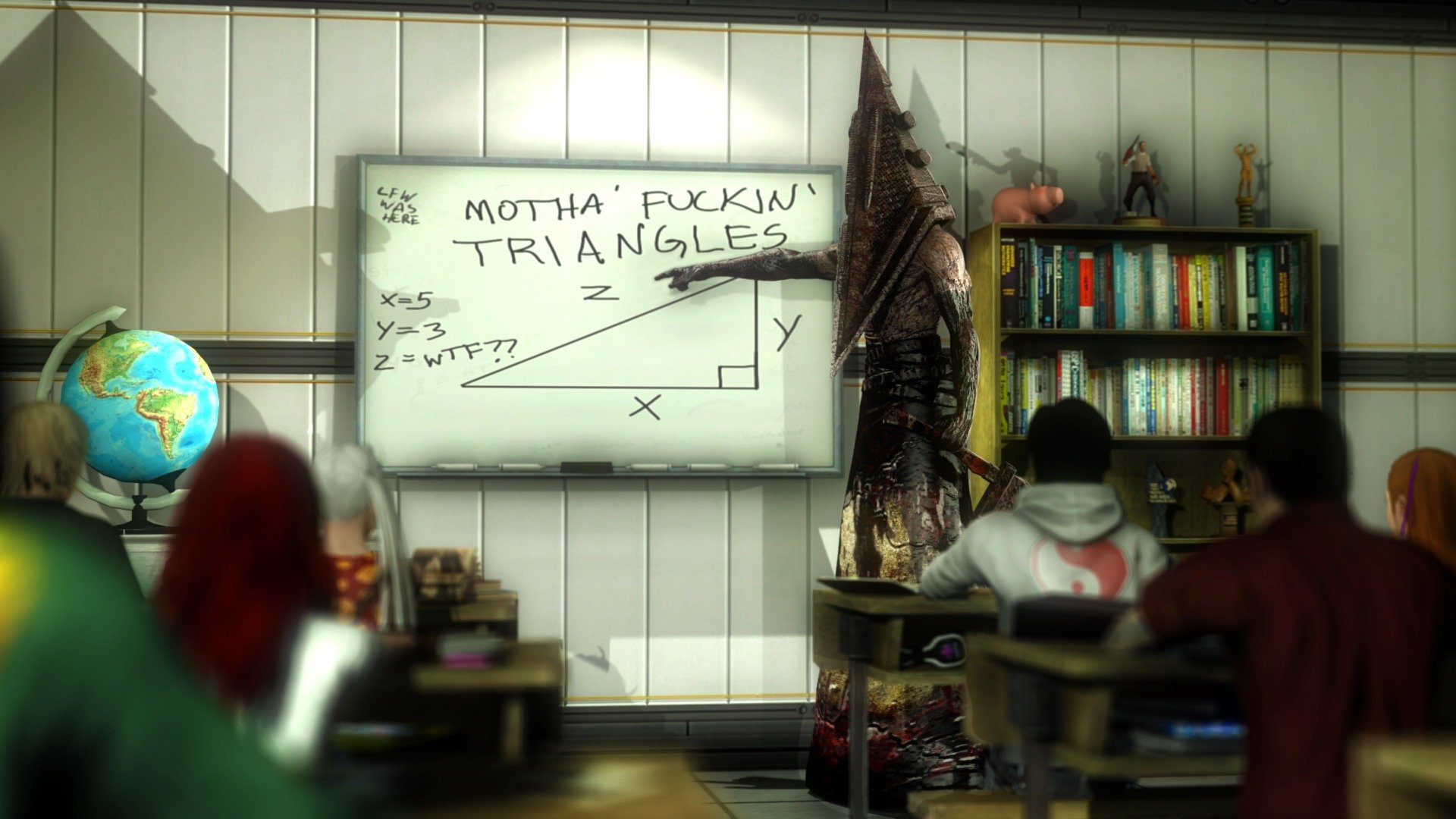 pyramid pyramid head school lesson silent hill board teacher globe the situation students triangle party class
