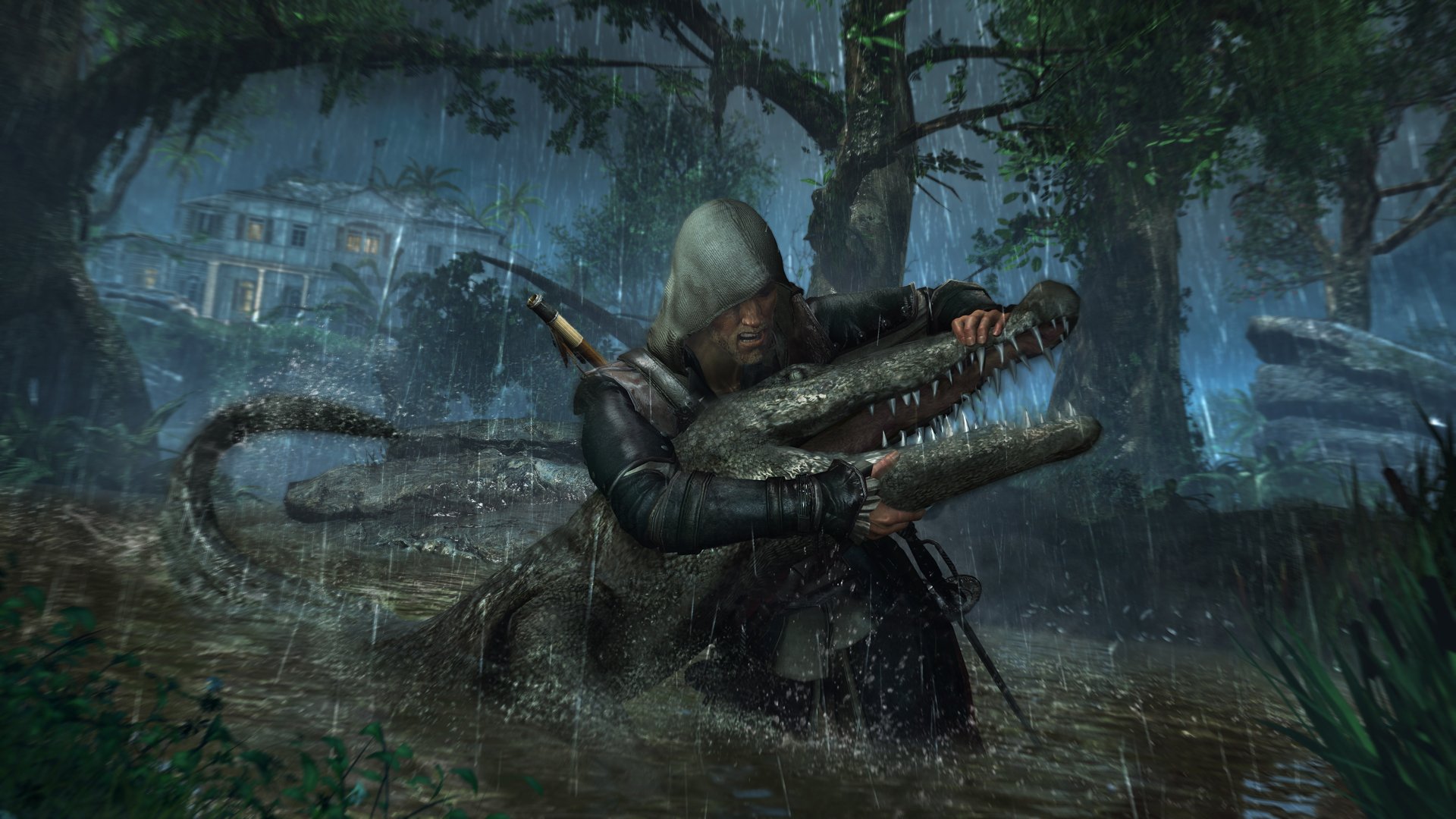 assassin's creed iv: black flag assassin pirates edward kenuey rain night house bog crocodile