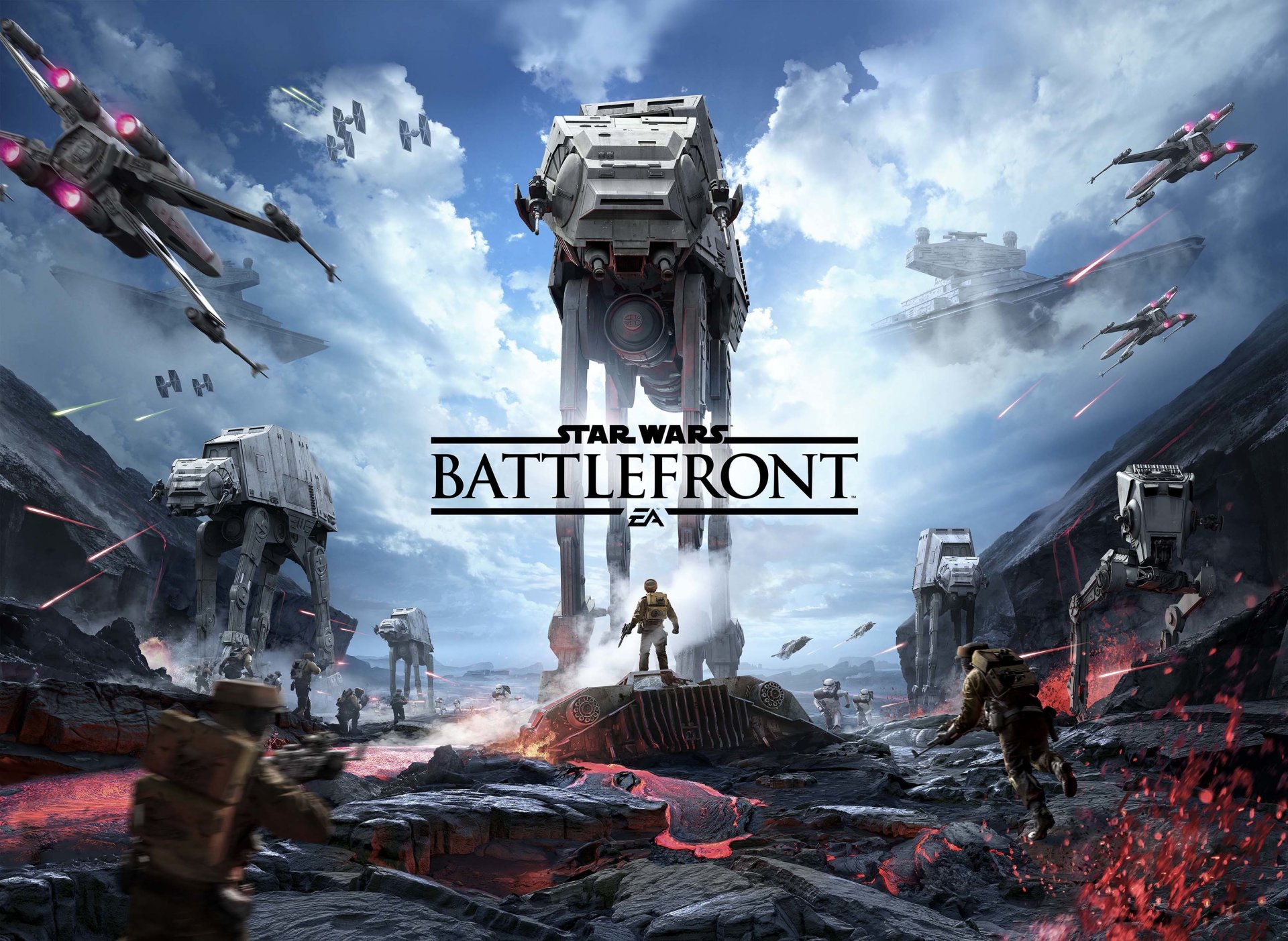 star wars: battlefront fight explosions men sky clouds lava logo logo ea dice electronic arts