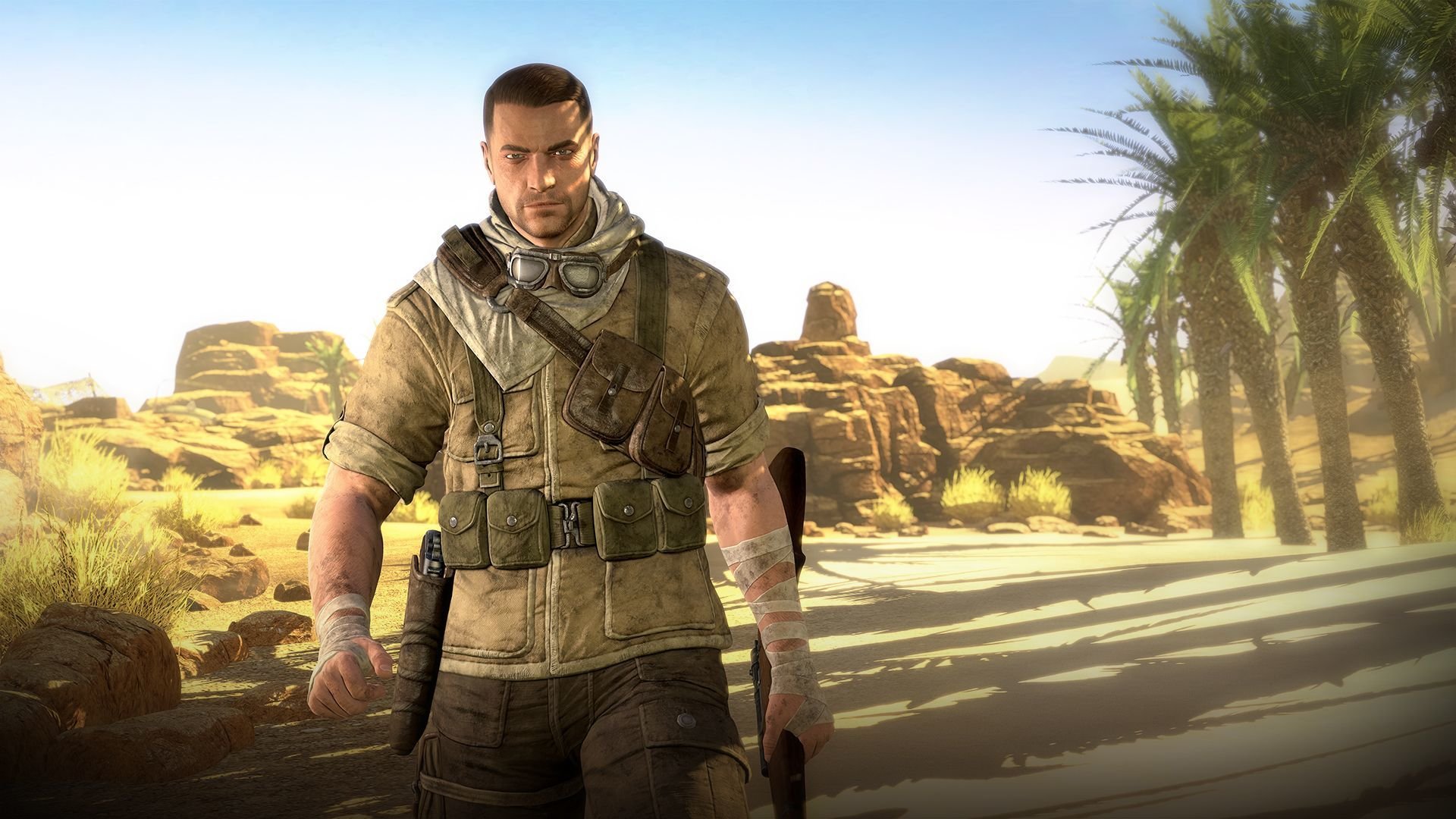 sniper elite 3 rebellion 505 games africa sniper elite sniper karl fairbairn karl fairburne weapons sky clouds mountain men military shadow palm bandage view form industrial complex