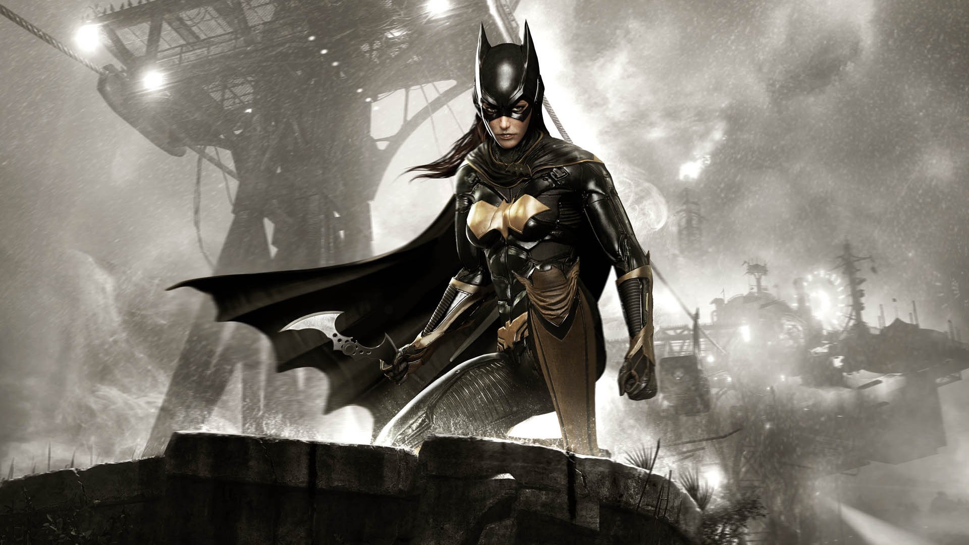 batman: arkham knight batgirl girl industrial complex armour hair view sky clouds rocksteady studios warner bros