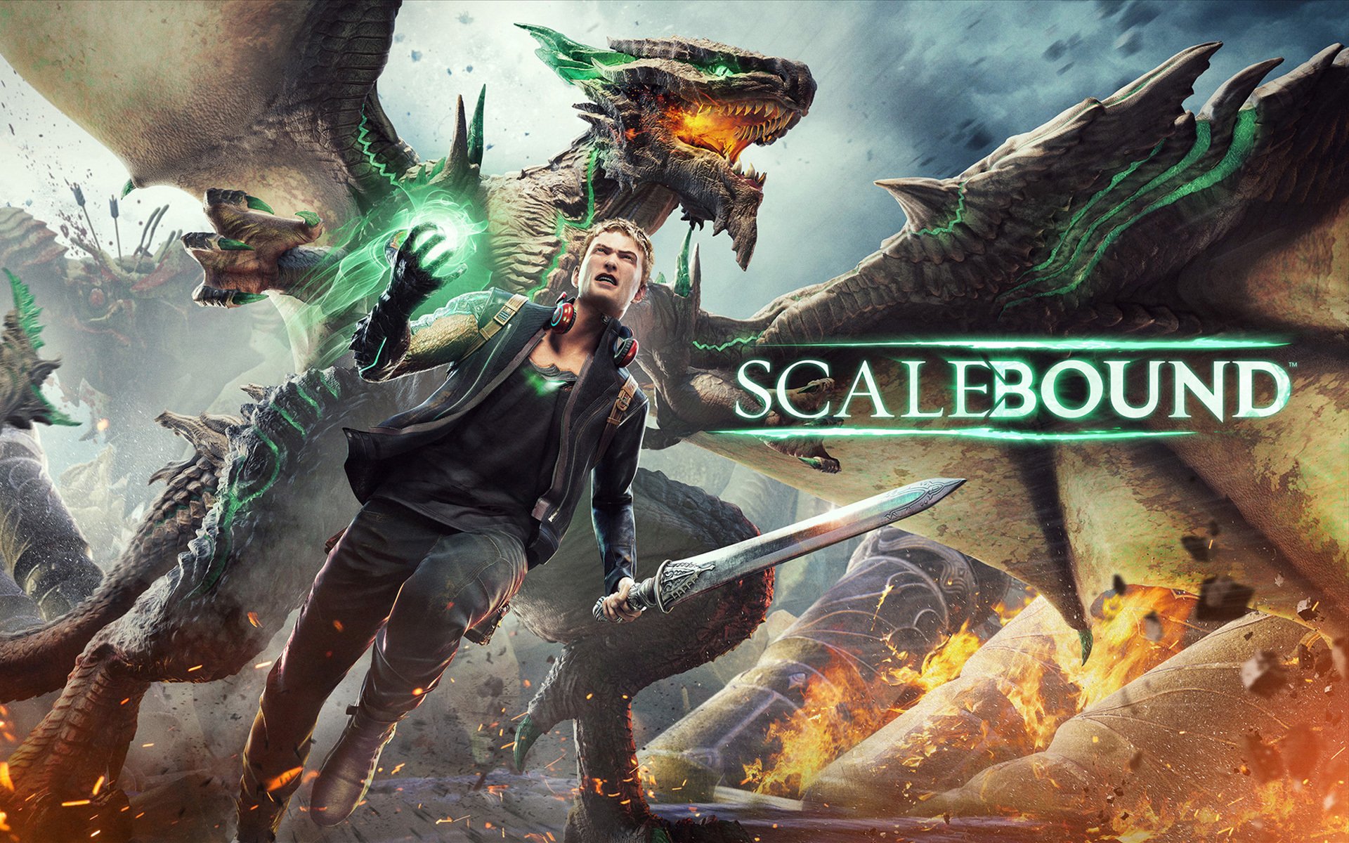 scalebound microsoft xbox one platinum games guy warrior sword headphones white hair game hand fire wings hideki kamiya dragon fiction