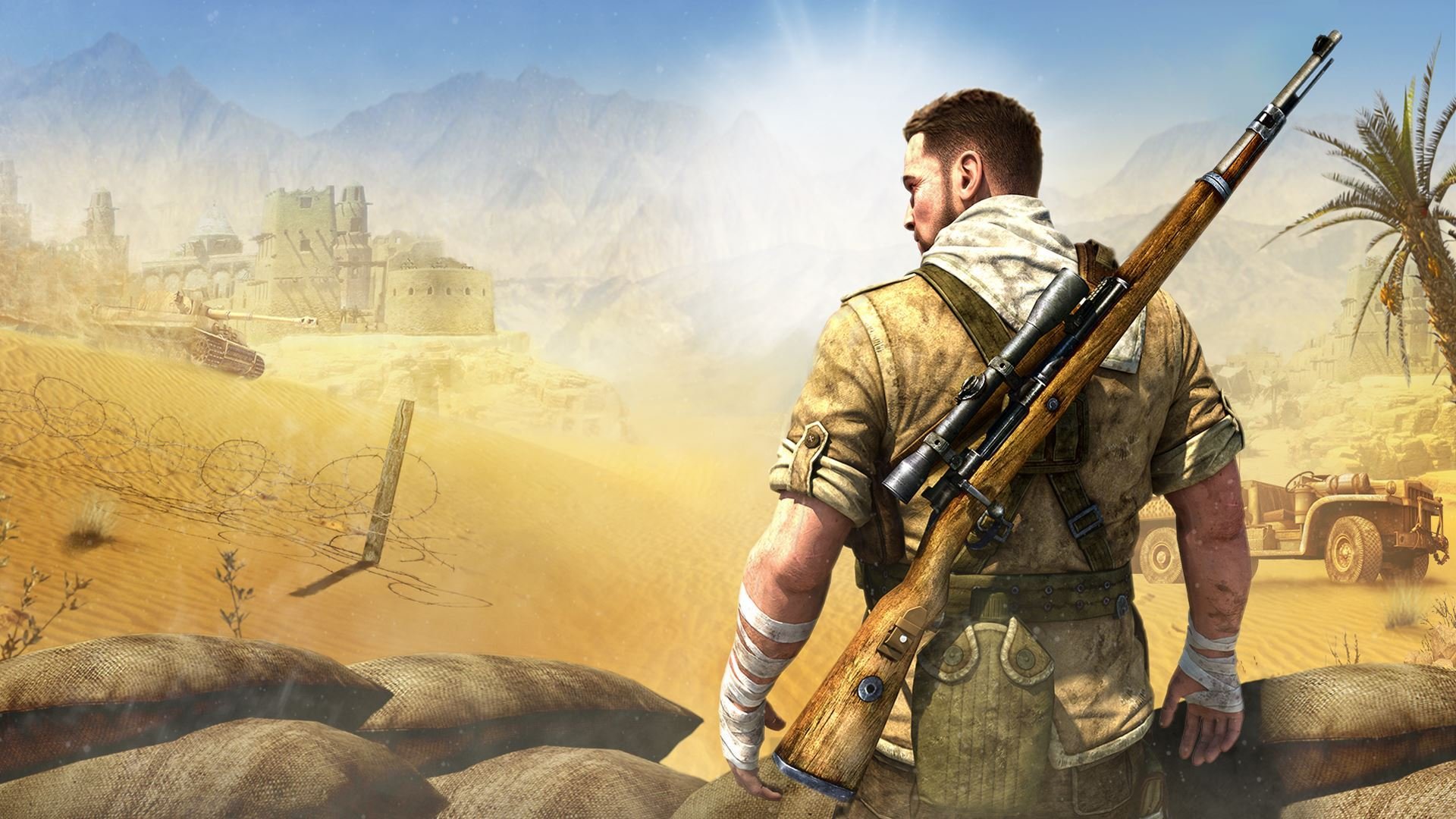 sniper elite 3 rebellion 505 games africa sniper elite sniper karl fairbairn karl fairburne weapons sky mountain sand men military shadow palm bandage form industrial complex sun scarf barbed wire bui