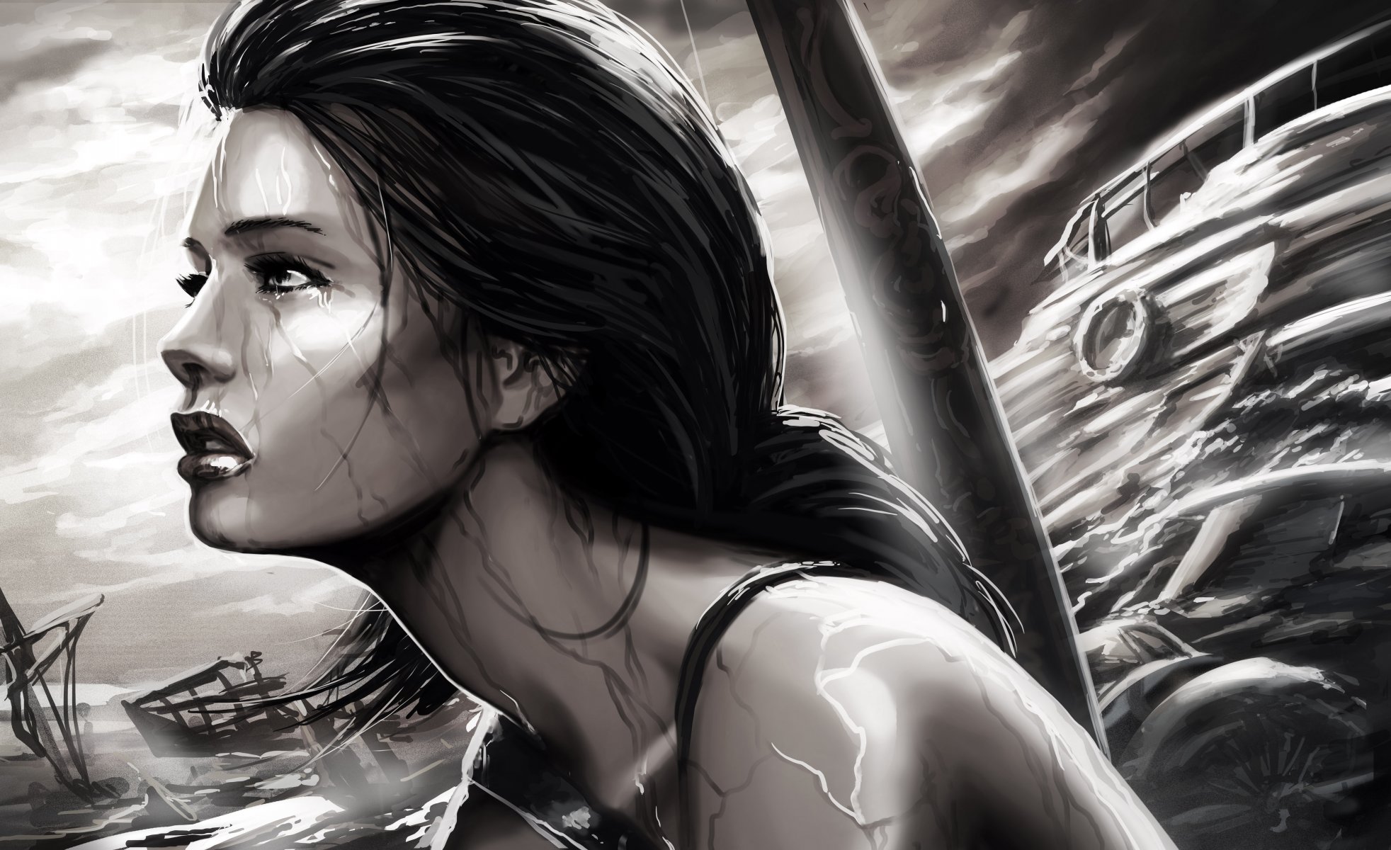 tomb raider lara croft lara croft tomb raider game girl face. profile rain sea ships black and white