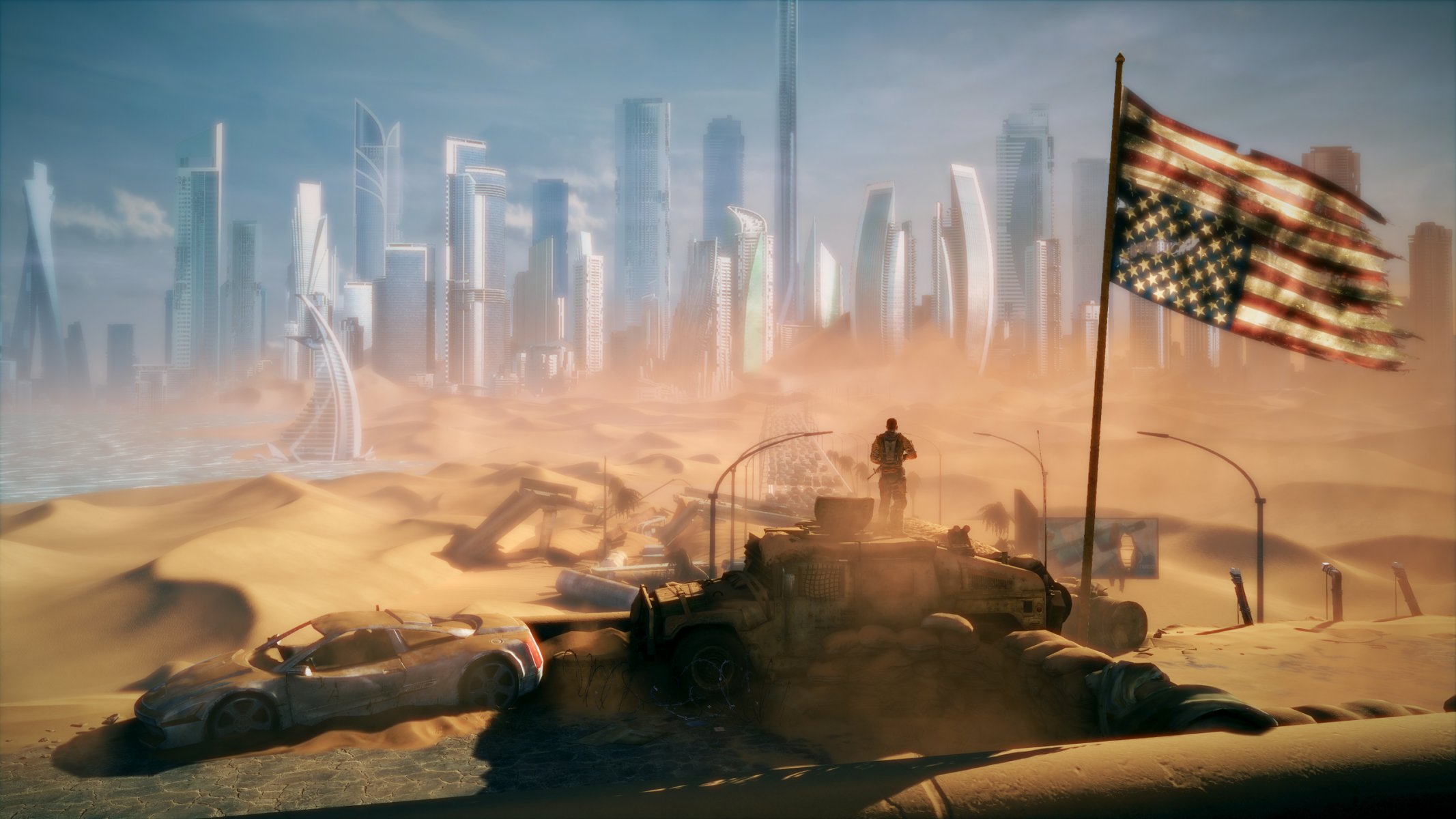 spec ops: the line town future apocalypse desert wasteland america united states flag hummer